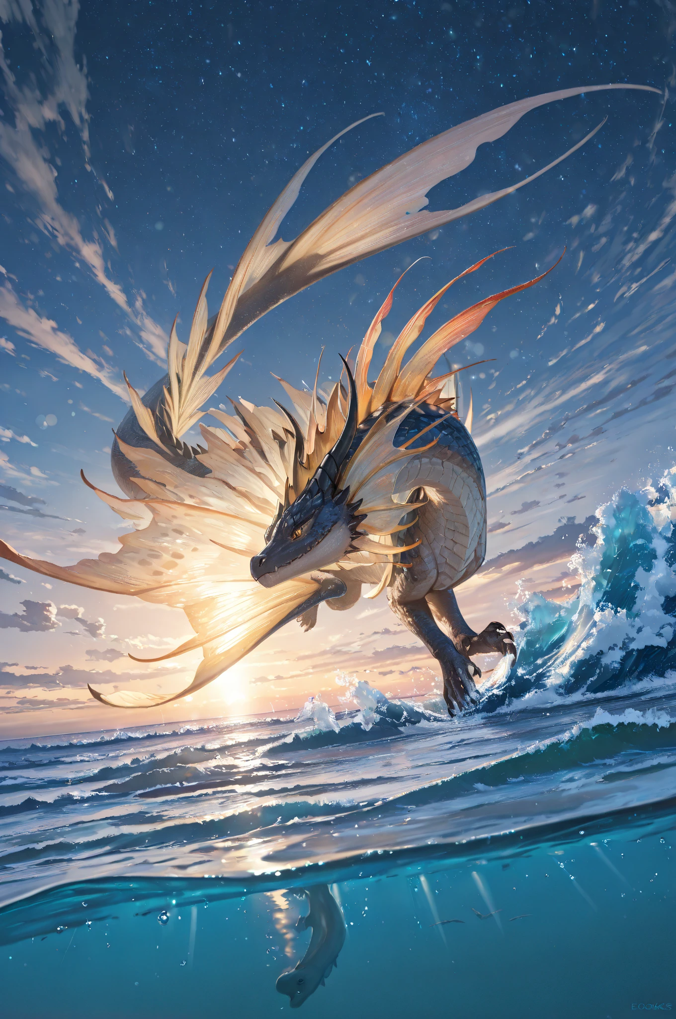 (Highest quality), ((masterpiece)), (Superior), original, Highly detailed CG Unity 8k wallpaper,
Blue is the main color,from the sea and dragons flying up through the clouds
 