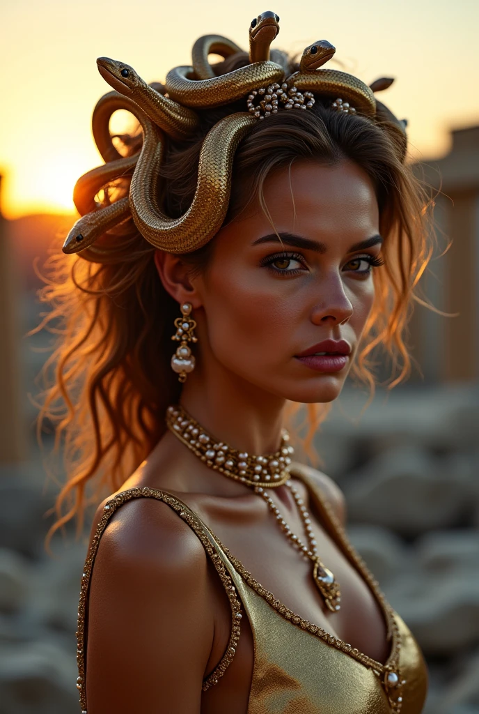 A beauttiful medusa woman wearing a white toga, she has snakes for hair ,best quality masterpiece, realistic photo, intricately detailed, 8k, HDR, shallow depth of field, wide light, high contrast, backlight, light flares, chromatic aberration, sharp focus, RAW color photo, looking at the camera, various poses