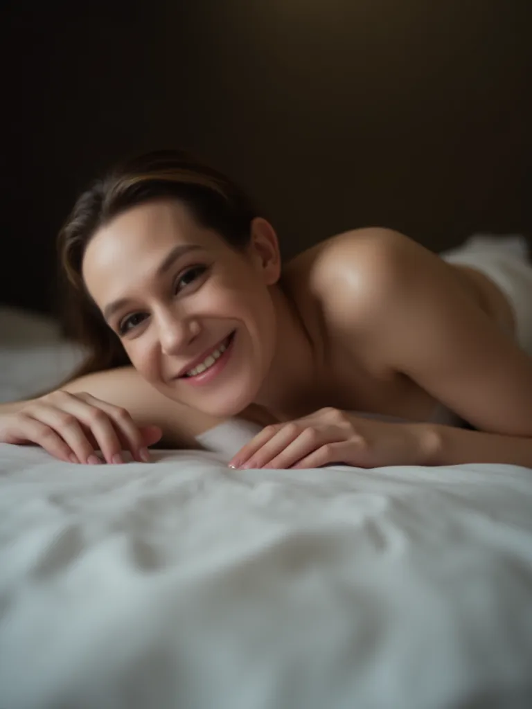 1 girl, solo, Liechtensteiner woman, Old woman, name is Isla, (((50 years old woman))), (mother), (((wrinkles))), ((long brunette hair)), ((fair skin)), ((rectangular face)), ((Roman nose)), ((big plump lips)), ((high cheeks)), ((medium hair)), ((cleavage)), ((upper body and upper legs)), (((slender body))), (((nude and naked))), (inside printed queen bed in Germany), smirk, (sensual pose)