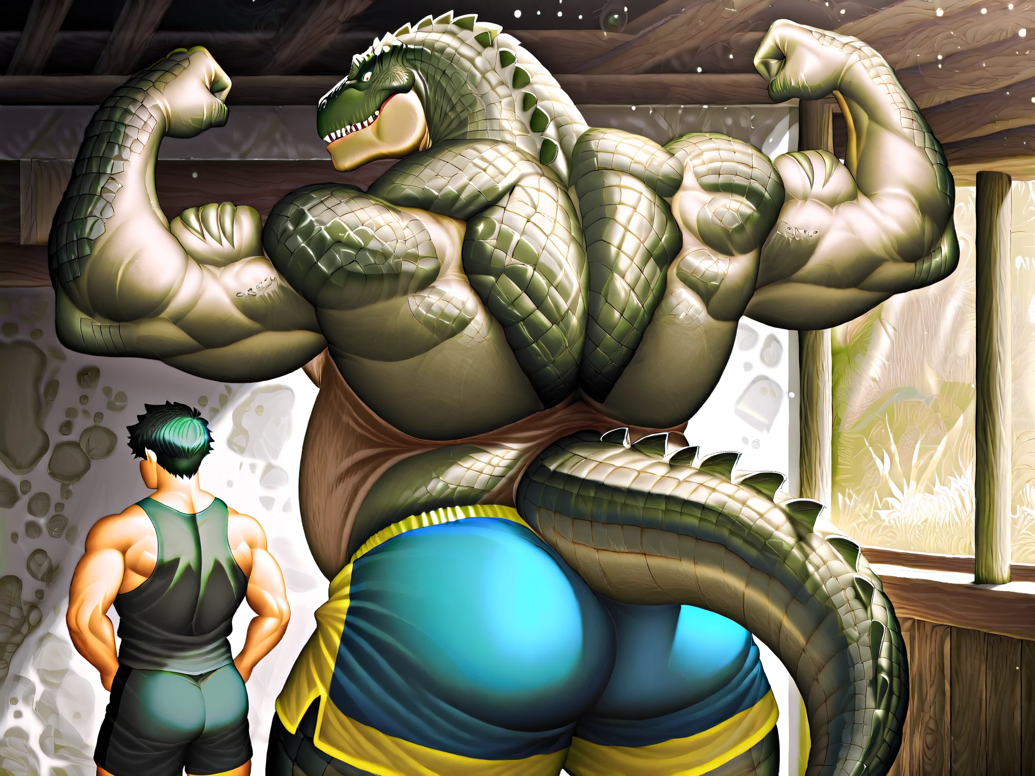A muscle green male alligator, a muscle green male lizardmen with full aztec clothes , showing his  butt, yellow ligth,  seductive face, show legs and fat feets 