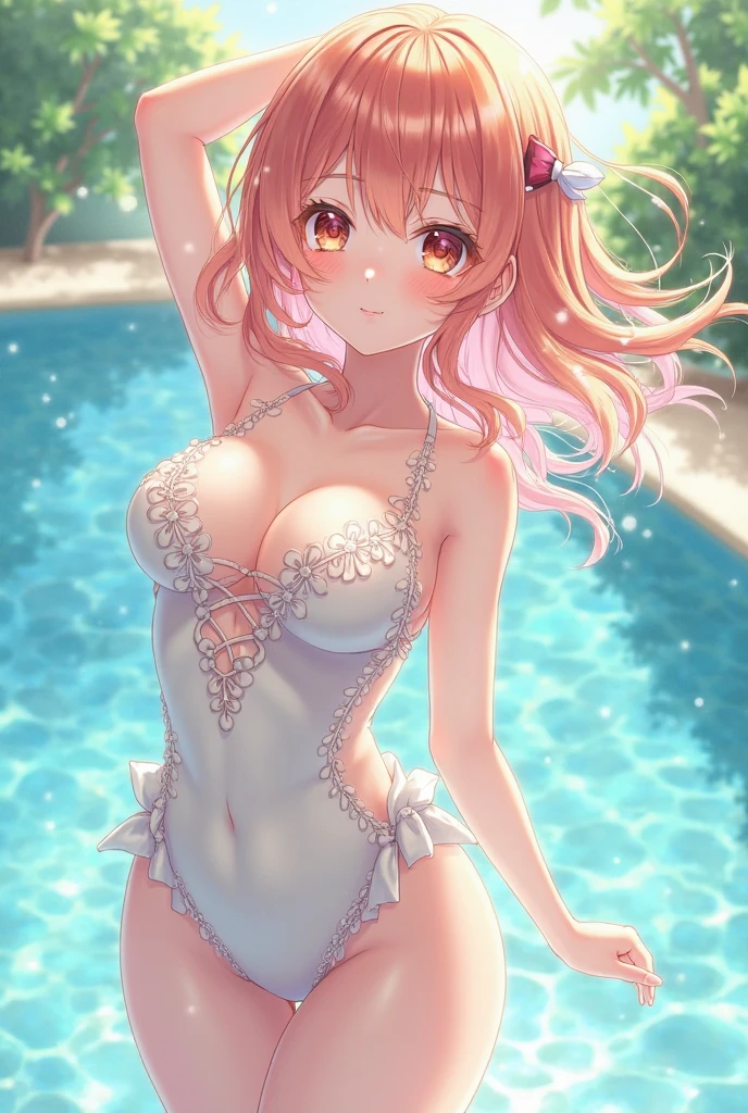 (Best quality at best,8K,A high resolution,tmasterpiece:1.2),Digital artwork,A girl，18 years old，beautiful dyed golden hair, straight hair，pink hair end，kitagawa marin，With a gentle expression, middle-sized boobs,Details from head to toe, black cloth bikini with yellow flower pattern
