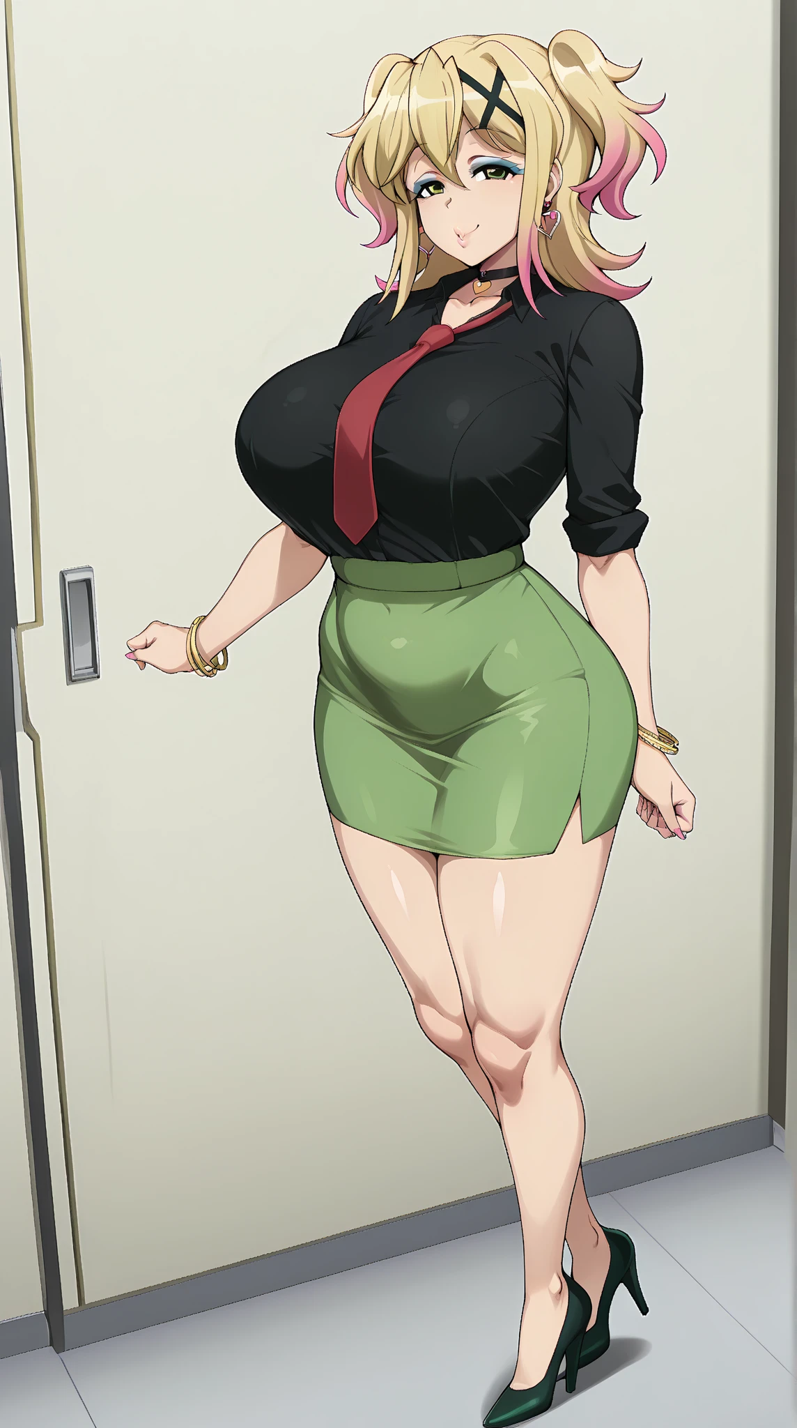 a tall woman temple teacher I learned wind air blower leaf long black hair her green eye wears a green sleeveless shirt with a button and a long green maxiskirt with a black heel