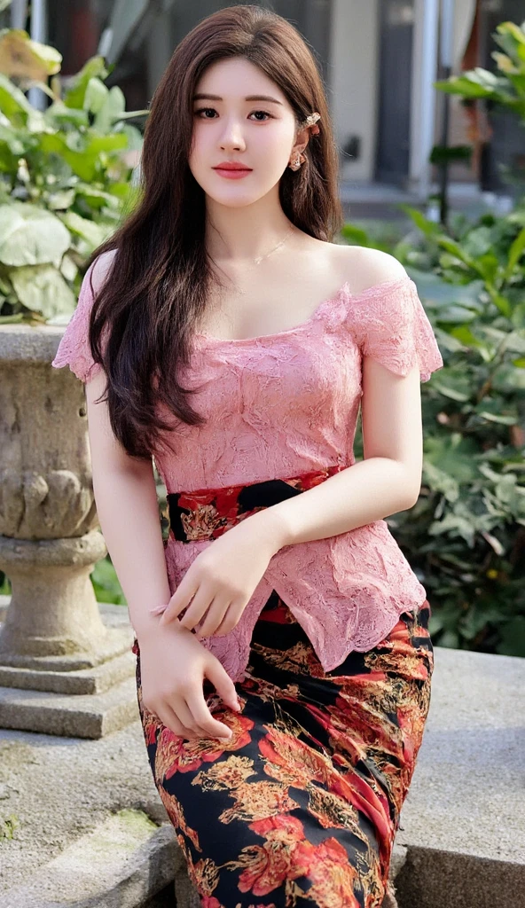 HD, masterpiece, high resolution, full body, cute Javanese girl walk in the garden, wearing transparent kebaya zipper, without bra, not wearing bra, braless, her perfect cleavage was visible, open the zipper of his shirt, wearing sexy red mini skirt with zipper, sleeveless kebaya, ((sleeveless)), her red skirt was half cleavage, natural breast, perfect breast and nipple, her nipples visible to see through her kebaya