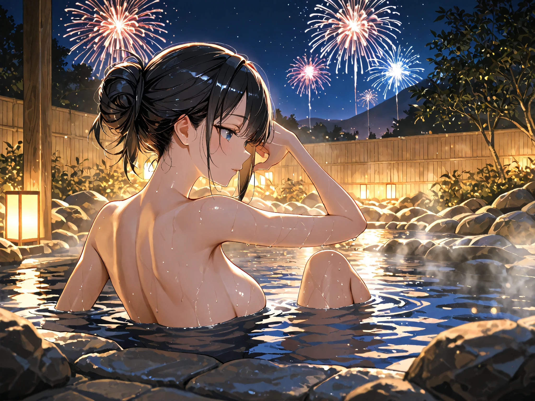 (Very detailed,High resolution,masterpiece:1.2）Open-air bath、Many spectators stare at them with lewd eyes.。Japanese、Night view, Starry Sky、milky way、Light brown hair. Big fireworks、(Highest quality:1.2), 20～40-year-old woman、Small breasts、Very detailedな, High resolution, masterpiece:1,2, Vivid and colorful,, Professional Lighting, Physically Based Rendering, Flat Color:0.8, Detailed illustrations, realism:1.37, Makoto Shinkai style, Your name style,, Elegant updated long hair、,ponytail, Bun Hair。, Laugh together, Dynamic pose, Selfie, Full body older sister、。naked、Show off your full breasts, Areola、Nipples、I love you 、Bitch、Obscene、Small breasts、Pubic hair is visible、Genitals are visible、The whole body is visible、Anime Drawings、figure。The whole body is visible、All naked、A group of several people