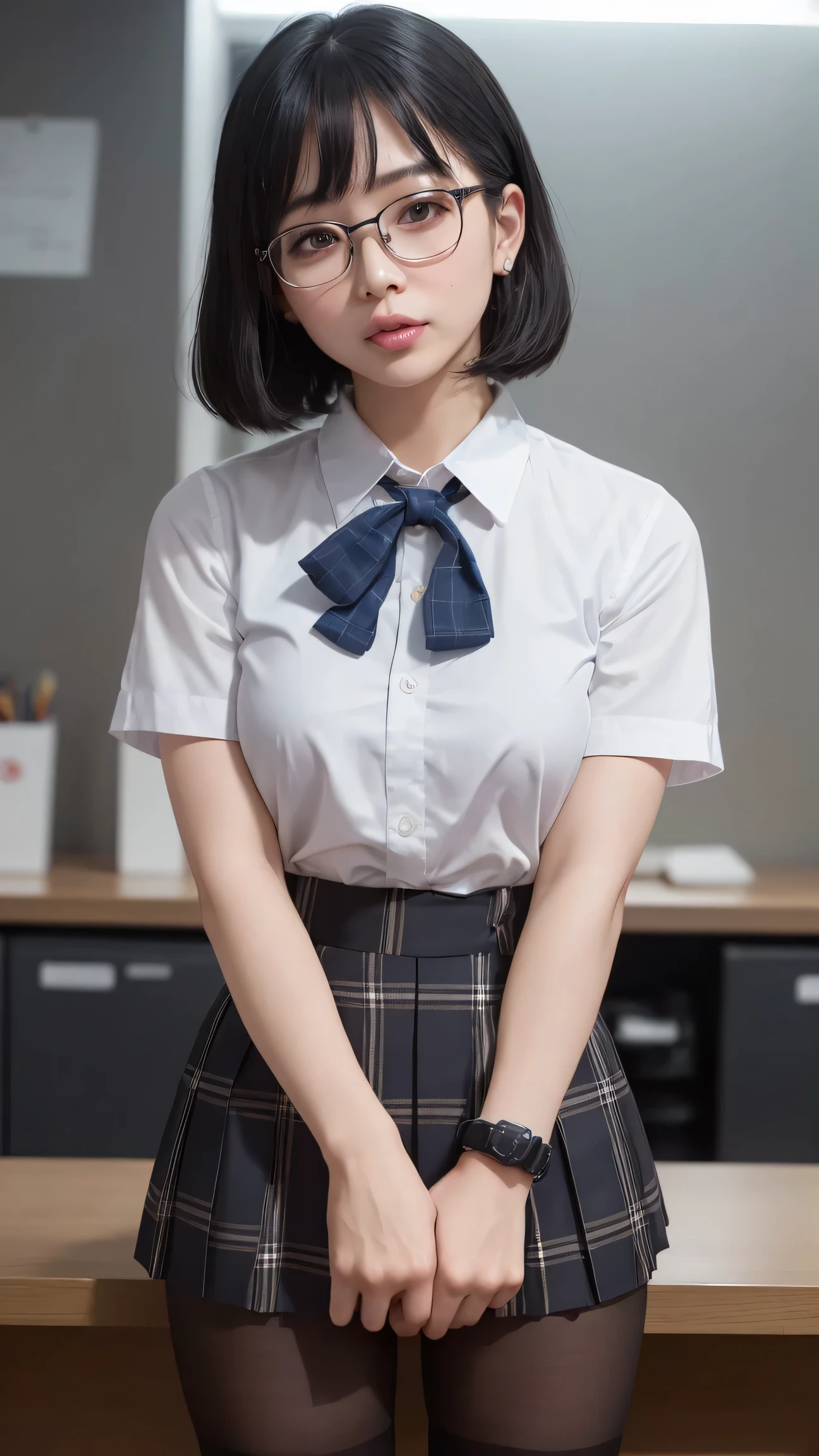 (Sillamäe:1.5), A slender, ​masterpiece, top-quality, Raw foto, Photorealsitic, faces, Incredibly absurd, beautiful a girl, cute little,Short messy hair, depth of fields, hight resolution, ultra-detailliert, finely detail, ighly detailed, extremely detailed eye and face, Sharp pupils, Realistic pupils, foco nítido, Cinematic lighting,Schoolgirl Uniform、Sheer white shirt、Navy blue ribbon at the collar、Dark blue pleated micro mini、appearance々Sexy Poses、White panties are visible from the skirt、20 years girl、Lift the hem of the skirt with both hands to show panties、is looking at the camera、summer clothing