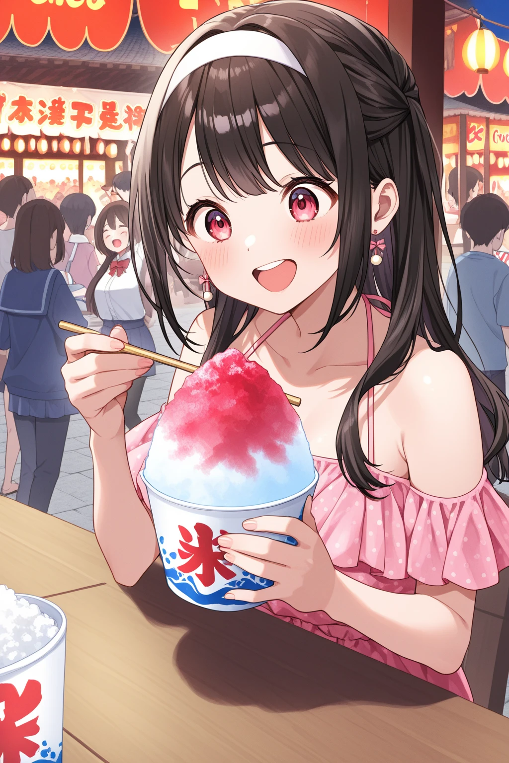 alone, One girl, Yunyun、blush 、View your viewers, Crown braids of the same color as your hair, Red Eyes、hair ornaments, Hair Ribbon, (White and pink bikini)、(Eating shaved ice by the pool)、(Painful expression on face after eating shaved ice:1.5)、