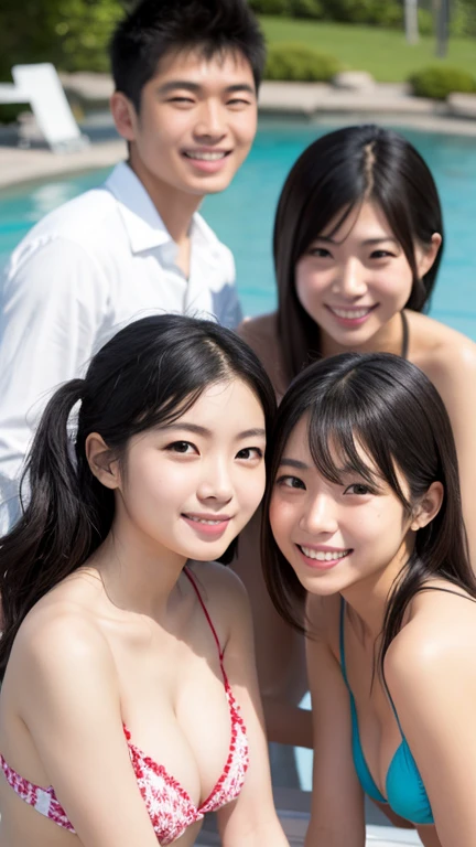 ((1 to 3girls:1.3)), (Waikiki beach or In the heart of Waikiki or on the roof of a high-rise Hilton Hawaiian Village Beach Resort's pool or Kalakaua Avenue or Royal Hawaiian Center), with friends, masutepiece, Best Quality, Ultra-detailed, finely detail, 8K, Detailed eyes, Random bikini shapes, (((random vivid color bikini))), Random hairstyle, Random facial expression, Random pose, Gravure photography, Gravure pose, looking at viewer, Random angle shot, ((smile+happy:1.5)), middle tits size, style like a model, Natlural Color Lip, japanese idol, korean idol, (Ear Ring:1.1), necklace,