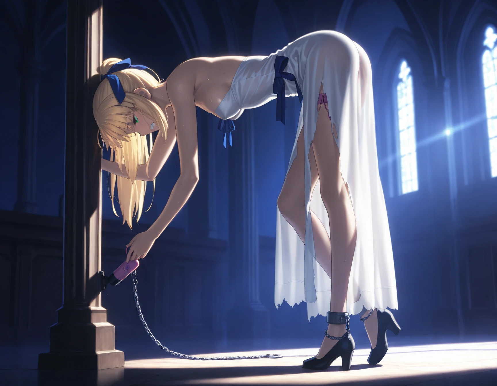 {(watercolor painting:1.2),(renaissance style:1.2)}, {hime cut}, BREAK, {erotic face,anguish,(scream:1.1),(very ecstasy:1.2),(writhing:1.4),embarrassing,half open eye},{(very obscene pose:1.2),(arched back:1.2),(arch one's head:1.4),arms behind}, {(chains fundoshi:1.4), (wet clothes:1.4)}, BREAK, {(chains skindantation:1.4),(many chains from the ceiling:1.4), (chain shibari:1.3),(chain bondage), (chain restraint),(wrap limbs with chains:1.8),(chain bind body),(chain in collar:1.2), confinement, shackles}, BREAK, {(1 woman, small breasts, light_yellow colored hair, hime cut,medium straight hair)},{dynamic low angle view}, {(dark church glowing stained glass:1.2)}, BREAK,{(glowing tears:1.1),(Clear eyes),extremely detail hair, (pure white skin:1.1)}