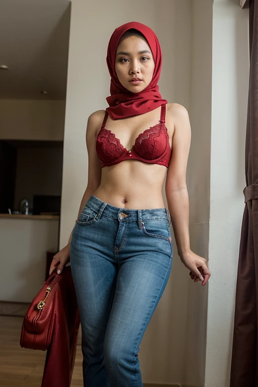 1 malay woman in hijab,(( colourfull floral  bra and panties)),(large buttocks),Emphasize ass,Smaller chest, laughing smile, (hijab flying), de pele branca,big breasts thin waist, egypt style street, Hyper-Realism, Cinematic lighting, depth of fields, From below, vanishing point, F/2.8,  Anatomically correct, Textured skin, Super Detail, awardwinning, Best Quality, hight resolution, 8k,