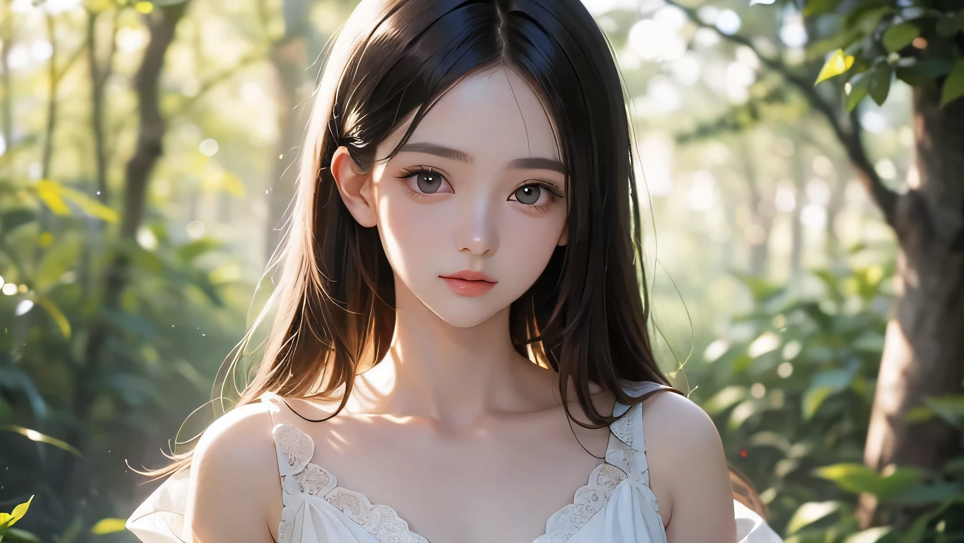 A waist-up portrait of a young woman with clear, delicate facial features and natural expression. Her long, softly flowing dark hair cascades gently over her shoulders. She wears a simple white blouse with subtle folds, and her posture is relaxed yet elegant, with one hand lightly touching her collarbone. Her eyes look slightly downward, conveying calm introspection. The lighting is soft and balanced, highlighting her smooth skin and gentle contours without harsh shadows. The background is a softly blurred forest scene with muted green and golden tones, filtered sunlight creating a serene, cinematic atmosphere. The overall mood is peaceful, reflective, and intimate,ウエストアップ画像、完璧に美しい顔、完璧に美しい手、
