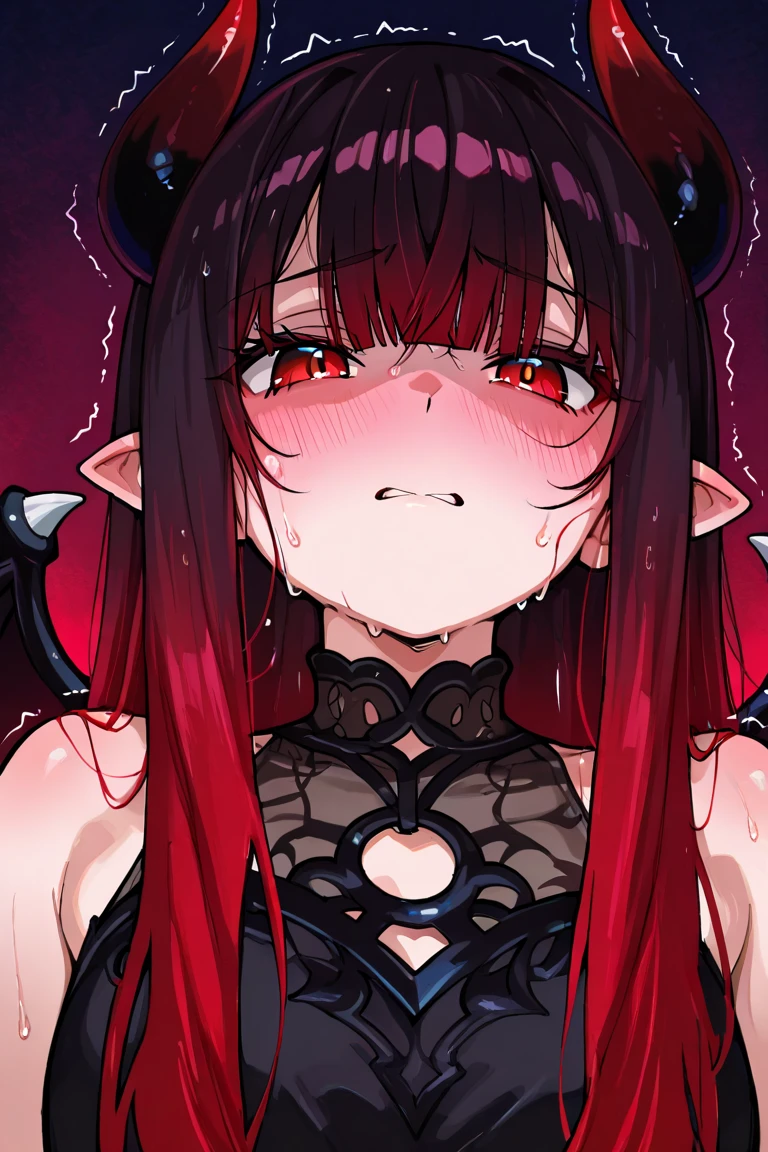 Glowing red eyes, malicious succubus, messy hair, smirking at viewer, dark foggy ruins, bloody armor, SFW,