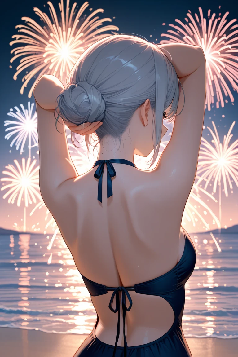 Vast night sky pictures,((Top quality:1.4),(Unparalleled masterpiece),Night Sky: 1.4,(Fireworks: 1.4, Aerial Fireworks: 1.4), highly detailed 8k CG unit,,Bokeh,Depth of field,, Beach, Sea, Volumetric Lighting,(Dynamic Composition: 1.4),Bikini girl standing on the beach, character 0.3, Very detailed, Colorful details, (Iridescent: 1.2), (glow illumination, atmosphere lighting), dreamy, magical, (solo: 1.2),