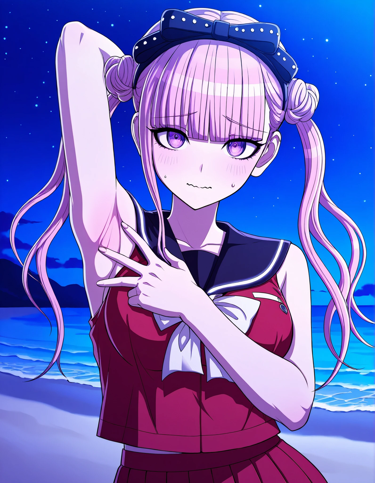 kako, pink hair, purple eyes, twintails, double bun, bow, blunt bangs, red serafuku, black sailor collar, sleeveless, game cg, high quality, closed mouth, solo, upper body, night sky, beach, spread armpit, armpits, armpit focus, v, ((contrapposto)), looking at viewer, wavy mouth, shy, best quality,