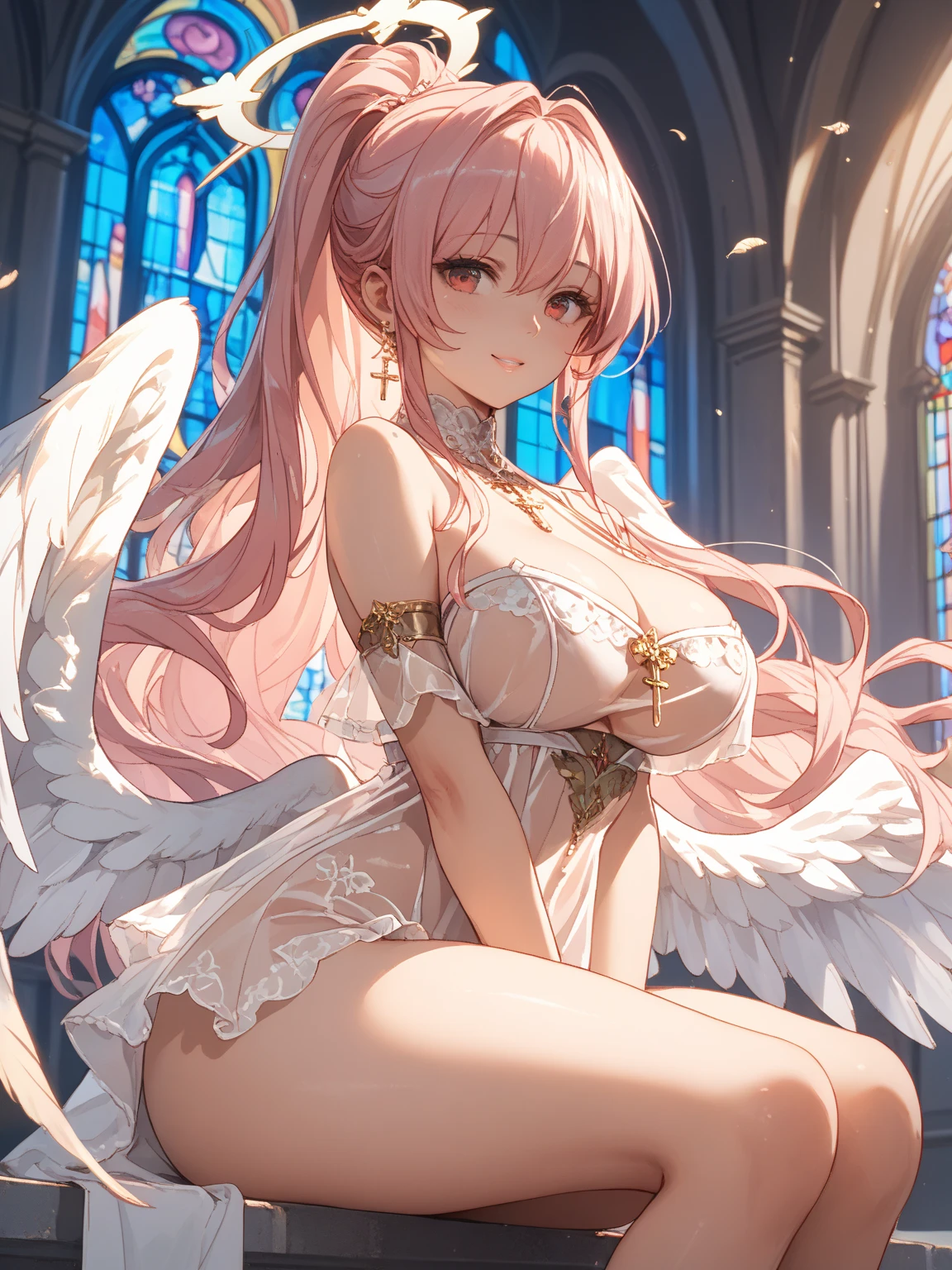 ((best quality)), ((masterpiece)), (detailed), 1girl, sexy
1girl, 独奏, long hair, breasts, looking at viewer, blush, smile, (Slightly parted lips, Sexy thick lips, Bare lips, Glossy Lips, fluffy lips), Perfect hands,, Blue eyes, skirt, blonde hair, large breasts, shirt, thighhighs,(Transparent nipples, Big cleavage, Plump and shiny breasts:1.2) ,(White angel wings on the left and right of the upper back:1.2) ,(Sheer pink nipples:1.2) ,(back pose:1.3) Gold (back view:1.3),long sleeves, navel, hair between eyes, bare shoulders, twintails, :d, cowboy shot, pleated skirt, detached sleeves, necktie, midriff, collared shirt, miniskirt, wide sleeves, stomach, white thighhighs, zettai ryouiki, crop top, underboob, garter straps, white skirt