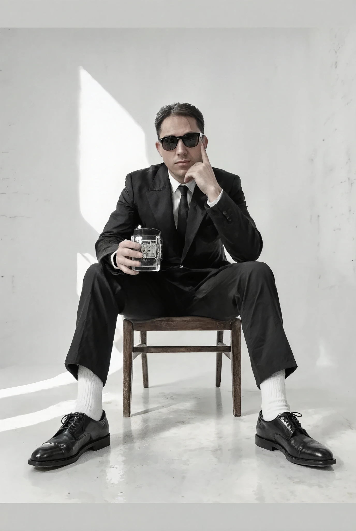 Use my image. Cinematic shot in a sleek black trench coat and boots and black sunglasses, captured in a medium-close shot near a large arched window in an old industrial loft with exposed brick walls. His face is softly
illuminated by narural window ligni, casting gentle
shadows across his cheekbones. He stands framed between two vintage leather armchairs on a faded oriental rug, his confident gaze directed slightly off-camera. Shot on ARRI Alexa Mini LF with a 35mm lens, wide symmetrical composition with a subtle foreground blur, muted vintage tones and understated elegance with a modern edge. Soft textures and warm highlights emphasize the mood.