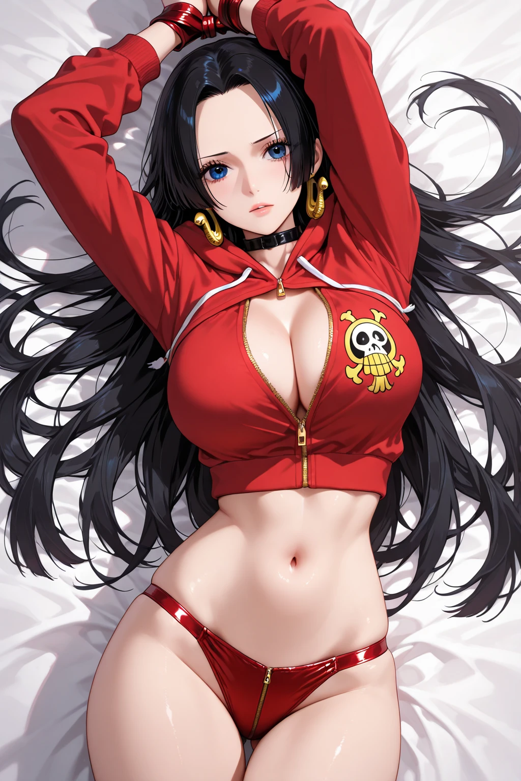 score_9, score_8_up, score_7_up, score_6_up, uncensored, Ren yamashiro, black hair, long hair, purple eyes, hair ornament, naughty face, shiny skin, sweating, BREAK (masterpiece:1.2), best quality, high resolution, unity 8k wallpaper, (illustration:0.8), (detailed eyes:1.3), perfect lighting, extremely detailed CG, (perfect hands, perfect anatomy), hearts, pleasured, medium breasts, belly, swimsuit, jacket, red_jacket, bikini, o-ring, sky, choker, thigh_gap, outdoors, day, collarbone, multi-strapped_bikini, bare_shoulders, open_jacket, off_shoulder, cowboy_shot, black_choker, ocean, night, cleavage, skindentation, beach, track_jacket, steaming face, steaming, BREAK, standing, hand on hip, fellatio gesture, tongue out, saliva, gasping, heavy breathing, wink,