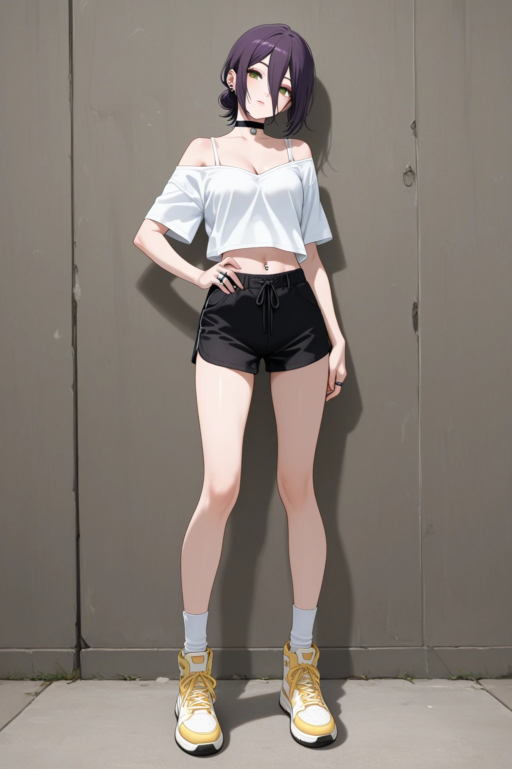 Girl posing for photo in white bra and tight denim shorts，Keep your arms behind your back，full bodyesbian，With a cropped T-shirt、brassier，Slim body，Larger bust，Slim girl model，24 years old female model，No shoes