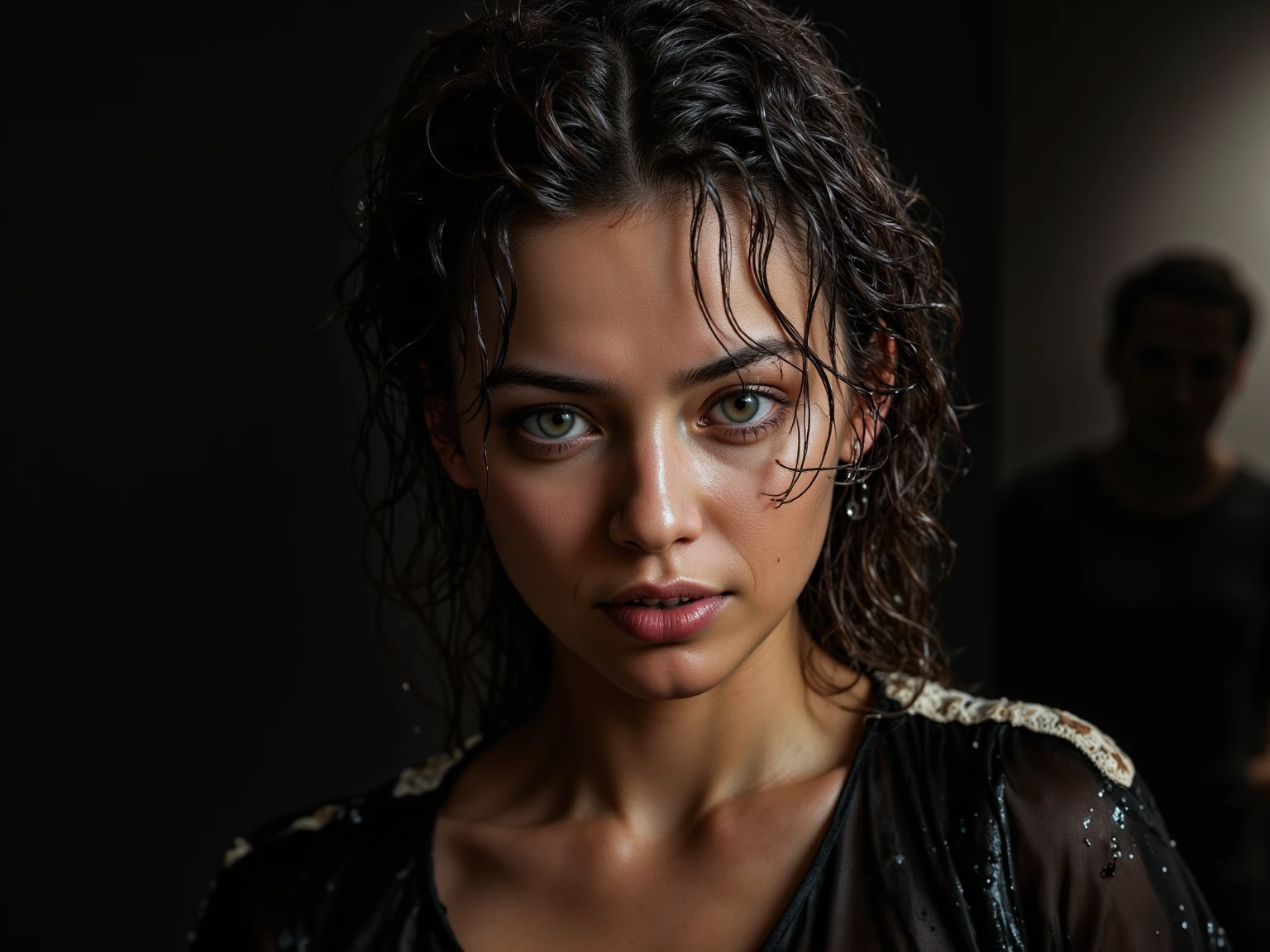 An oilpainting, expressive brushwork, portrait of female face, neon lighting, extreme skin detail, vibrant, wet look skin, dynamic and editorial, necklace and jewellery