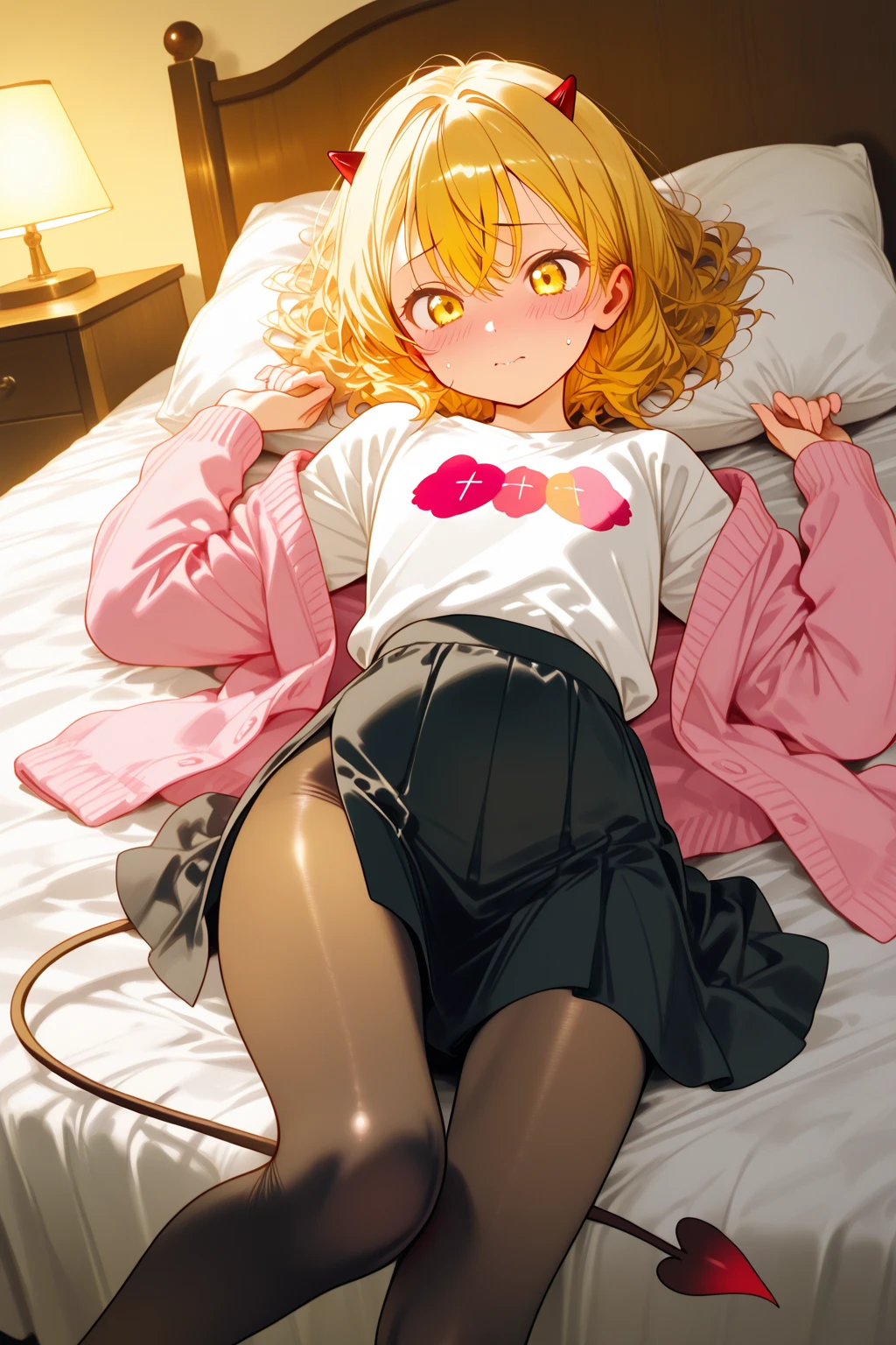 masterpiece, 1girl, solo, high quality, highres, memcho, short hair, cowboy shot, black skirt, shirt, off shoulder, off-shoulder sweater, (light blue sweater:1.2), (tiny horns), (:3:1.2), sleeveless shirt, high neck sleeveless shirt, black shirt, sweater, sweater sleeves past wrists, hoop earrings, <lora:memcho:0.7>, panty, nsfw, liying on bed, inroom, window, sunset