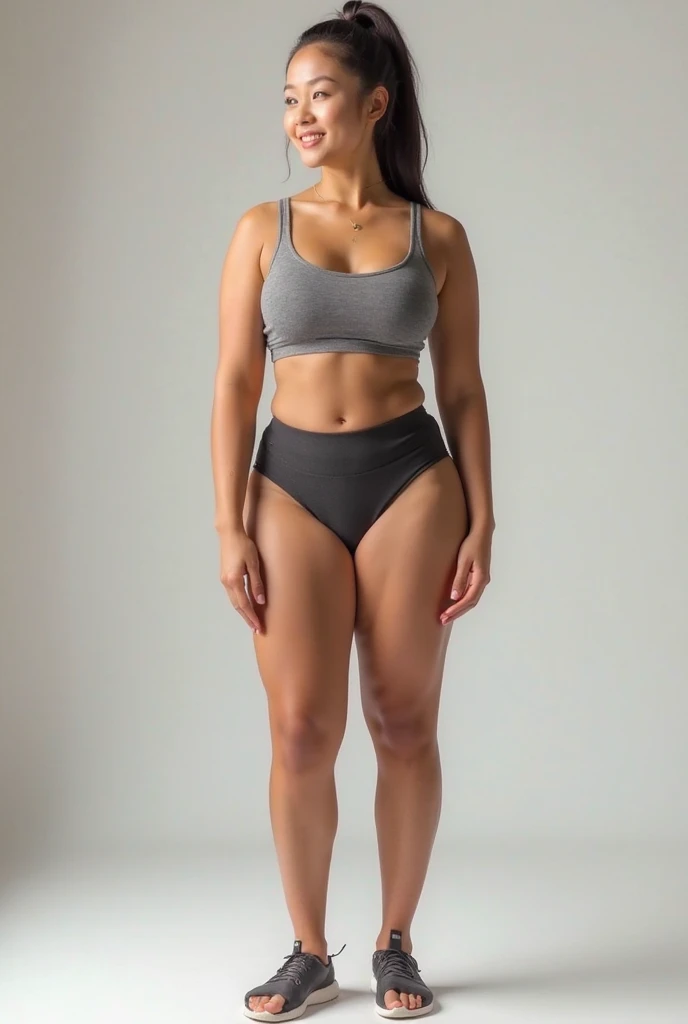 (masutepiece,High quality,16K:1.3),(depth of fields:1.3) ,((front body:1.35)), Japanese ,woman, natural makeup,standard height,(sports bra, sports panties:1.2), Huge breasts, thicc, curvy,(Looking at Viewer:1.3),(full body:1.2),Inside the office by the window