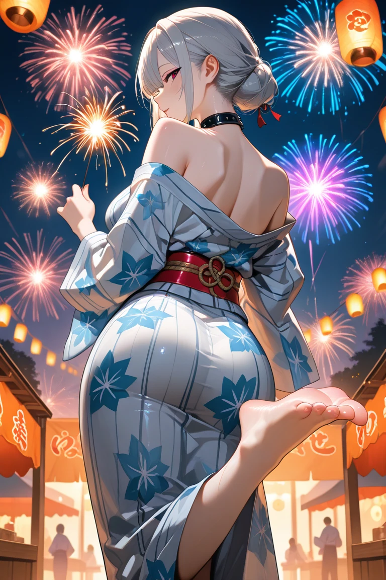 ((One personの女性)), Cute face, Beautiful Face, (Laughing embarrassedly), (seductive smile:1.4), ((Wink:1.6)), (head tilt:1.3), Laugh with your mouth wide open, upper teeth, looking at viewer, ((full-face blush:1.6)),Glossy Red Lips,Night view, High terrace, firework, Glossy red lips, Shining Face, ((Anime style background)),masterpiece, Highest quality, so beautiful,up to date, Complex details, (Pink long nails),(ring),(bracelet),(Floral choker),AI-generated, Complex,High resolution, Highest quality, super high quality,3D Images、3D Images,One person,Long white hair,High Ponytail, Anime woman posing for a photo,((silver eyes:1.5)), ((Fine grain、Silver Eyes、Shining Eyes:1.3)), (Squint your eyes:1.1),a hyperRealistic , hyperRealistic , Realistic,Anime woman with long white hair, Smooth anime CG art, A woman in a colorful kimono with gold embroidery, ((Black long sleeve kimono)),Red floral pattern,Long flower hair ornament,(Black High Heel Sandals), Earrings,Mature Body,((huge breasts:1.3)), Tall,Abdominal muscles, Tight waist, (Leaning forward), ((full body:1.2)), (hip focus:1.2),  ((looking back)), 