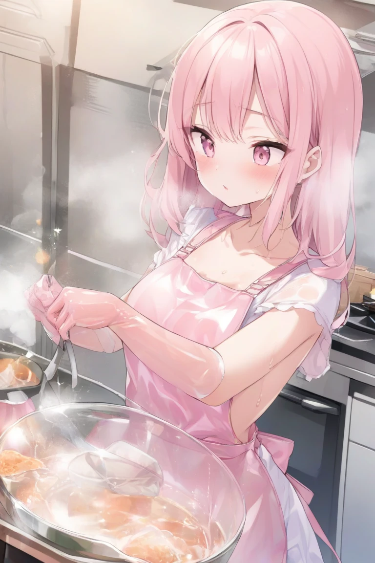 1 girl、solo、head shot、naked apron、nipple、Sheer apron、nippleが透けて見える、shyness、slouch、cleavage、big breasts、side、indoor、Sunlight、Erotic、