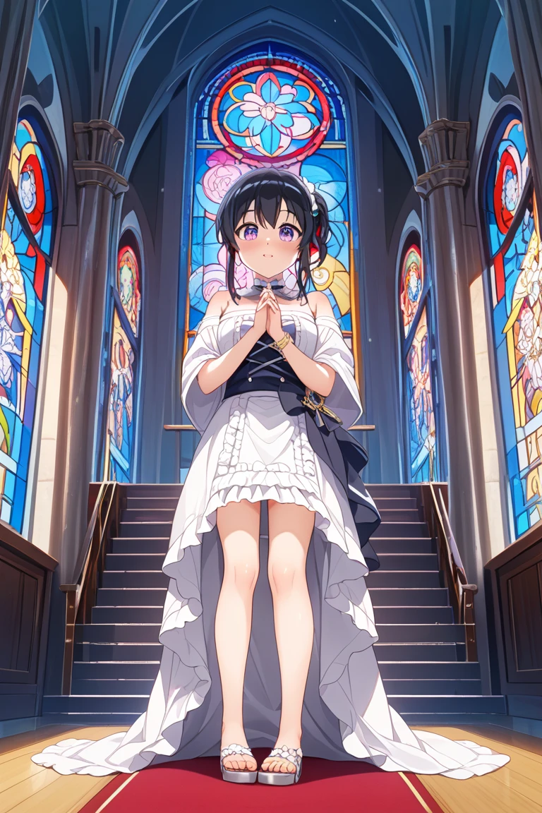 ((highest quality)), ((masterpiece)), (be familiar with), illuminated by candlelight、In a dimly lit cathedral with huge stained glass windows、With both hands on the pulpit、Support the body、She was wearing only a white bra and white panties.、black haired、had blue eyes、Beautiful girl in her late teens、small face、bust 84cm、Waist 55cm、Hip 79cm、perfect hands、perfect fingers、High resolution