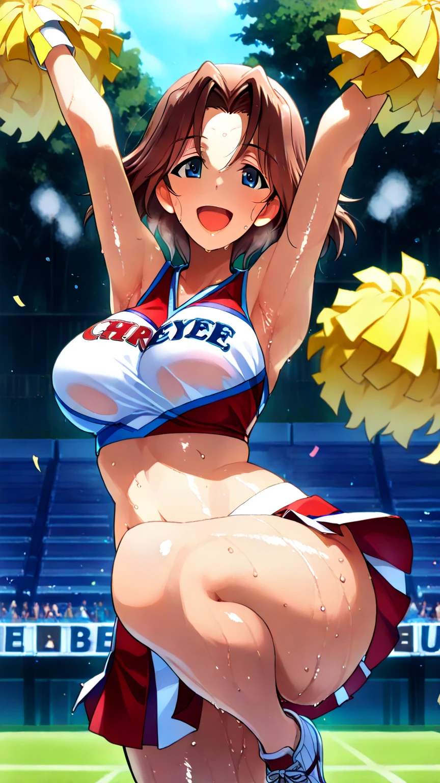 (masterpiece), best quality, (16k), expressive eyes, perfect face, lady, BREAK, nsfw, 1 girl, solo, large breast, navel, BREAK, (((torn blue cheerleading costume clothes))), BREAK, (((wet blue cheerleading mini skirt))), BREAK, bare arms, bare legs,  sweat body, wet skin, wet body, wet hair, BREAK, brown hair, bangs, straight hair, black eyes, sad, open mouth, BREAK, (cowboy shot), (from front), (breast milk drop:1.5), Shivering, walking. hip dancing, BREAK, outdoor, in the school yard, summer sky, arms behind back, (orgasm:1.2), 