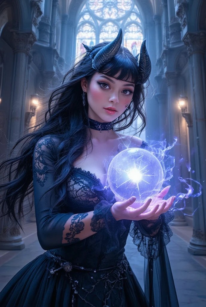A portrait photo of beautiful girl, witch girl, flirty face, pale white skin and black hair, black eyes, developed body, perfect breast, wearing long purple togas dress , cleavage , purple colored cape, the clothes is highly detailed enchanted, engraved and embossed. dark cave background, purple flames in surrounding , hyper realistic photo, medium shot, fantasy photo