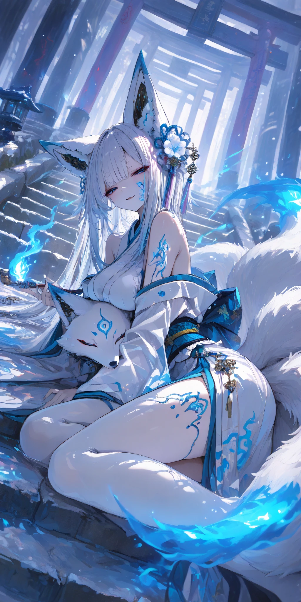 Mature and beautiful fox demon，Upright thin pajamas，barechested，bare butts，Long JJ