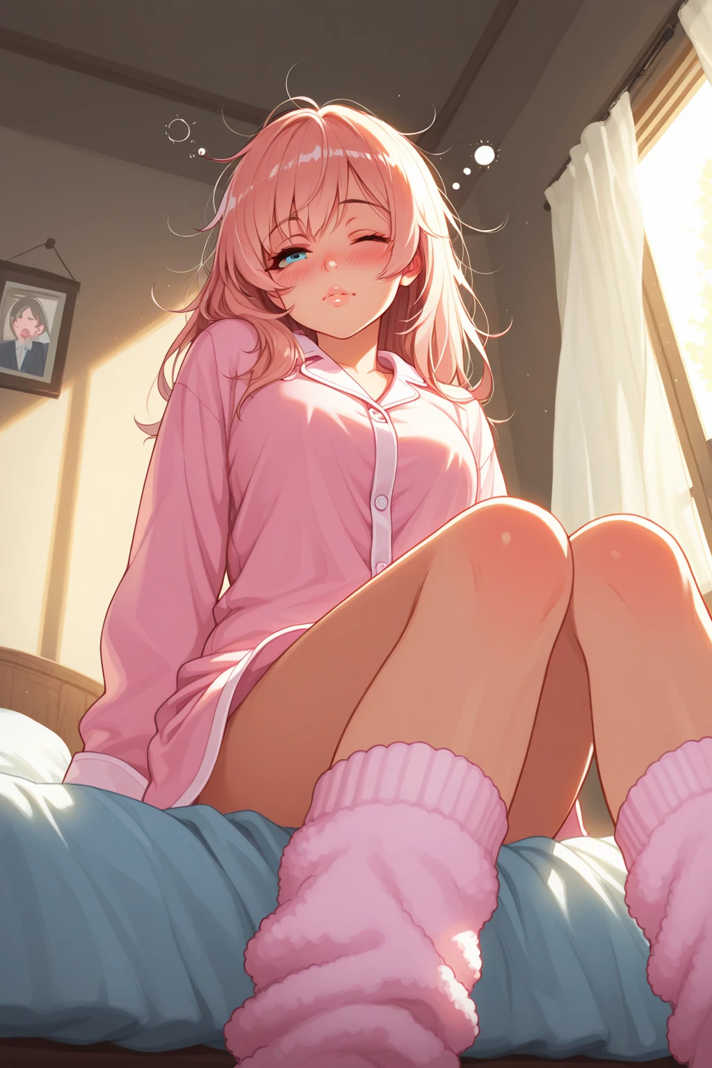 Masterpiece, top quality, high resolution, solo, purple eyes, indoors, stripped clothes, white cute underwear, lying down, embarrassed, anxious, bed, disheveled clothes, orange sunset, dim, high school student in nursery room