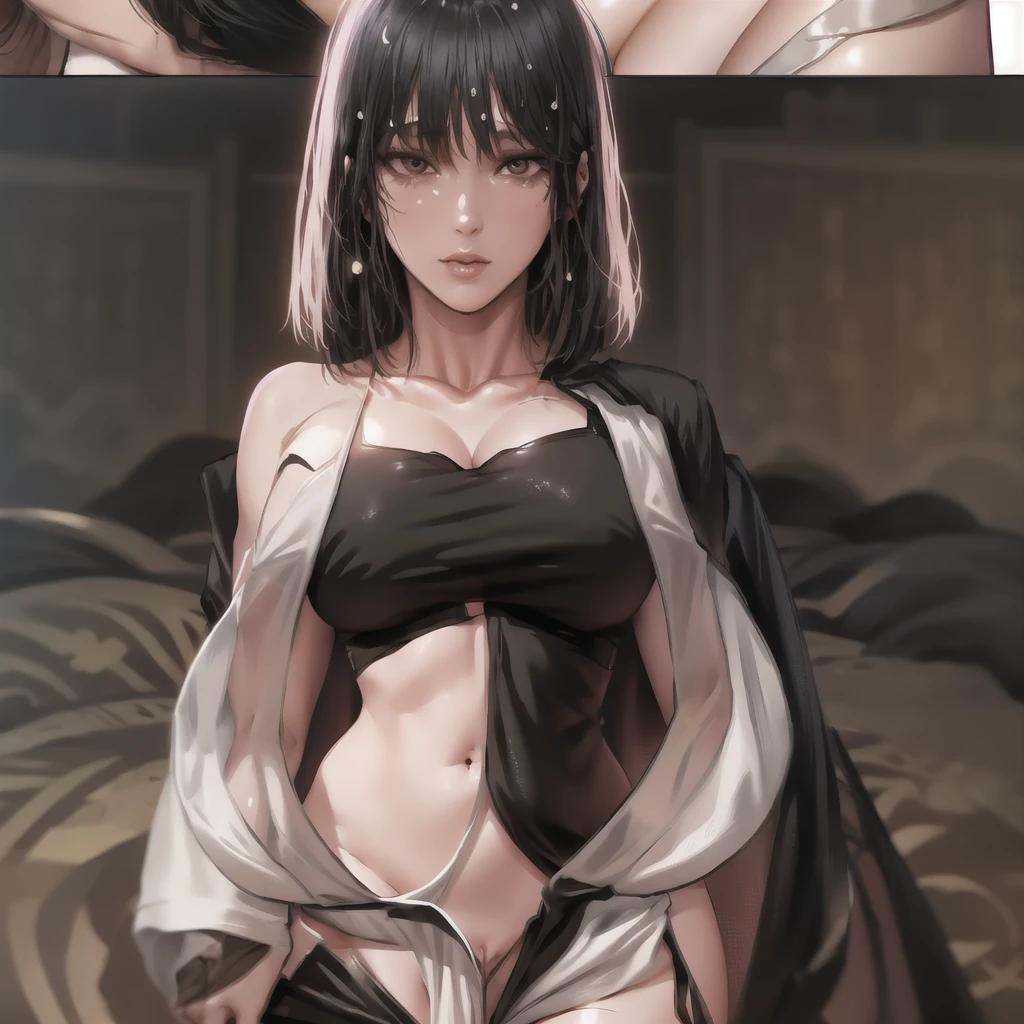 absurdres, RAW photo, extremely delicate and beautiful, masterpiece, Best Quality, ultra high resolution, 32k, hyperrealistic, ultra-detailed, perfect anatomy, anatomically correct, perfect figure, super Detailed skin, pale skin, 20 years old, very Slim body, narrow waist, very small head, very small face, delicate facial features, detailed face, detailed eyes, tearful mole, earring, thin legs, bare legs, ((very huge round breasts)), short medium hair, ((wavy hair)), wet clothes, full body shot, alone, fortune teller clothes, in gipsy tent, skirt, face veil, robe, cloak, midriff,