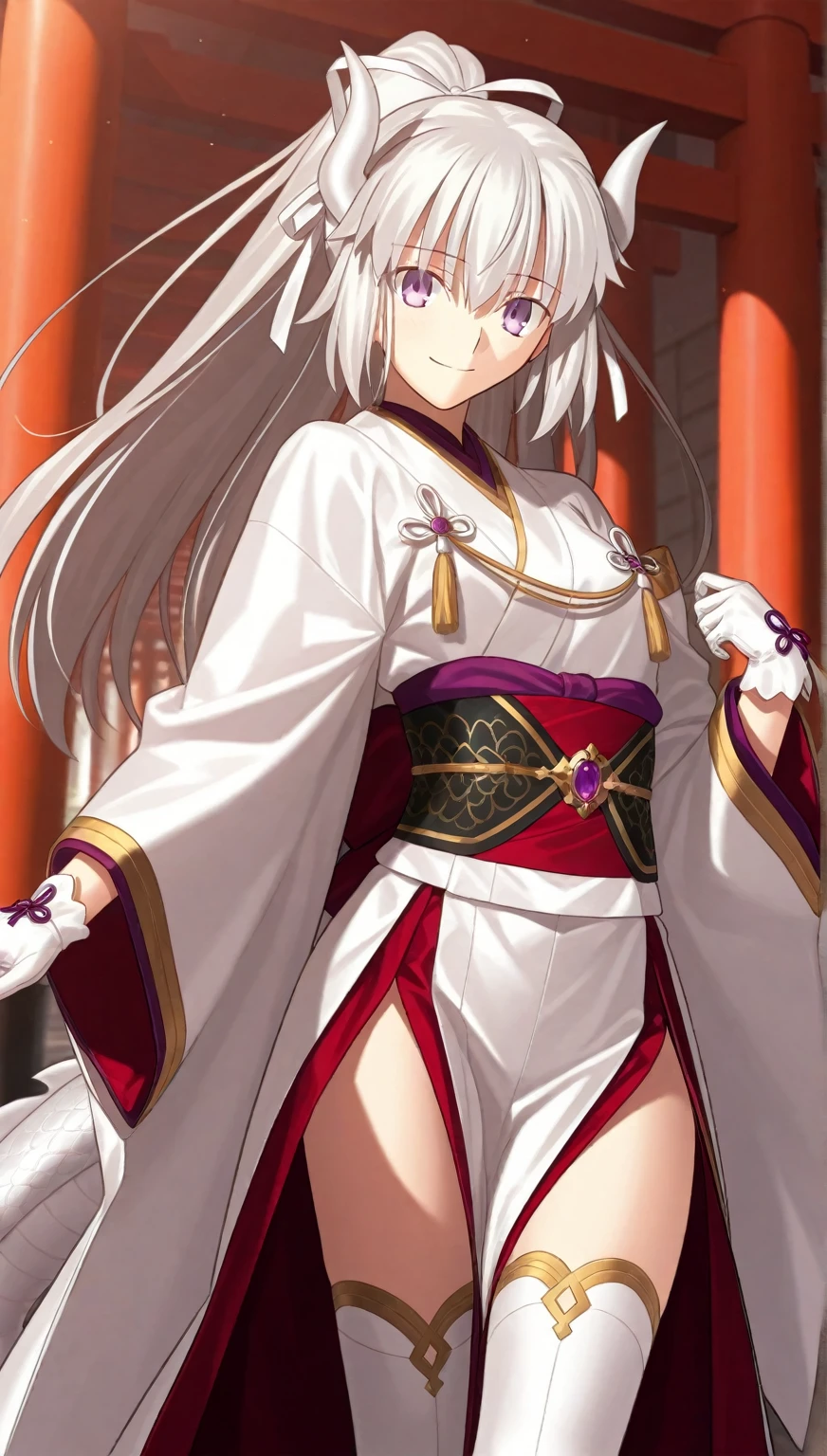 indoors, 1girl,hands on hip,arm down, cowboy shot, <lora:sirakawakomine_v1:0.71>sirakawakomine,white hair,long hair,white kimono, hair ornament, hair over one eye,bodystocking,long skirt, black gloves,, <lora:flatBG:-0.45> ,<lora:flat2:-0.45>,(dark light:1.2),(hyper extreme detailed),(masterpeace),(hyper extreme),(photorealistic),game cg,llustration,novel illustration,beautiful lighting,light from the front,