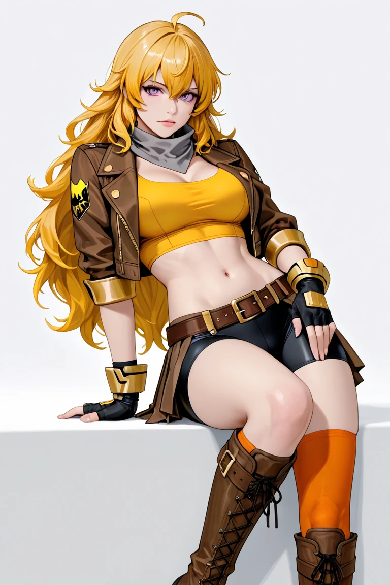 (masterpiece, best quality:1.2), <lora:rwby_xiaolong-10:1>, cowboy shot, solo, 1girl, yang xiao long, grin, hand on hip, ahoge, purple eyes, brown jacket, yellow tube top, black shorts, black fingerless gloves, orange scarf, waist cape, midriff, cleavage, large breasts