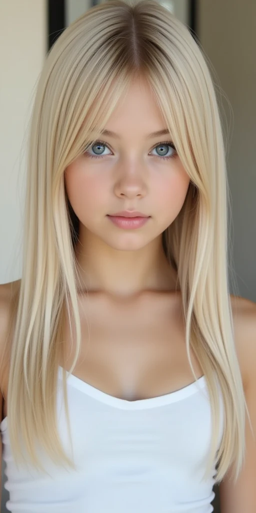 (a beautiful 11 year old girl) ((full naked, totally naked, woman without clothes)) ((AlexiaThompson01R's face)). beautiful. perfect, blonde hair, long hair, straight hair, blue eyes. loose hair, short hair. hair falling over one eye, emo bangs. pink lips. perfect, white skin. thin nose, thin chin. (White background)