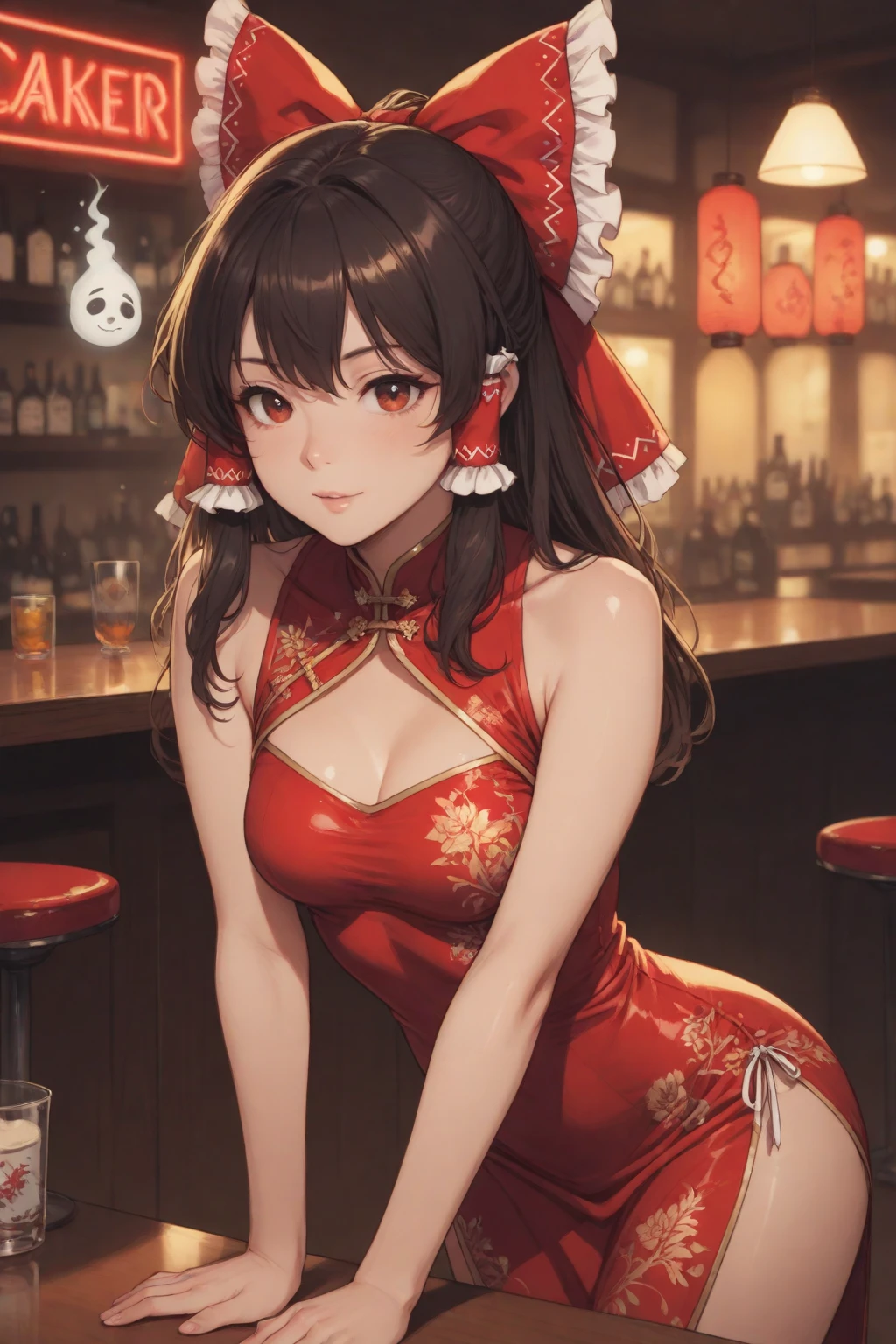 ((masterpiece)), ((best quality)), (ultra-detailed), ((sexy)), (ero)3, realistic, real, full body, building, bar, city, town, in the room, a pretty woman, solo, Chinese dress, beautiful black hair, beautiful brown eyes, ((beautiful eyes)), long hair, large breast, smile