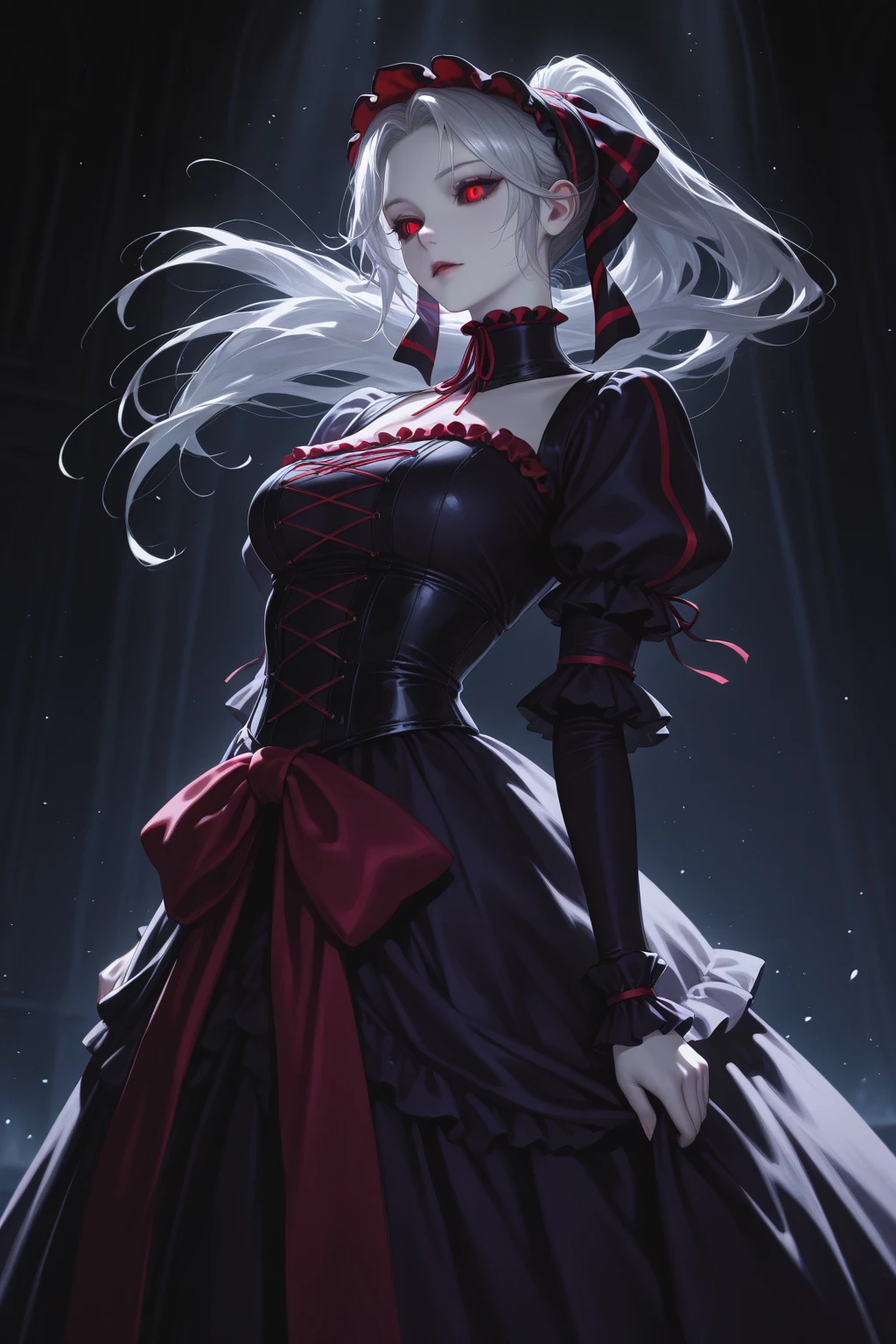 (hyperrealistic), (illustration), (high resolution), (8K), (extremely detailed), (best illustration), (beautiful detailed eyes), (best quality), (super detailed), (masterpiece), (wallpaper), (detailed face), solo, (dynamic pose), 1 girl, white wavy hair on the chair, korean, heterochromic eyes, small moles under the eyes, ((short apron)), medium breasts, long legs, tightens abs, (camel toes), (no panties), (no bra)