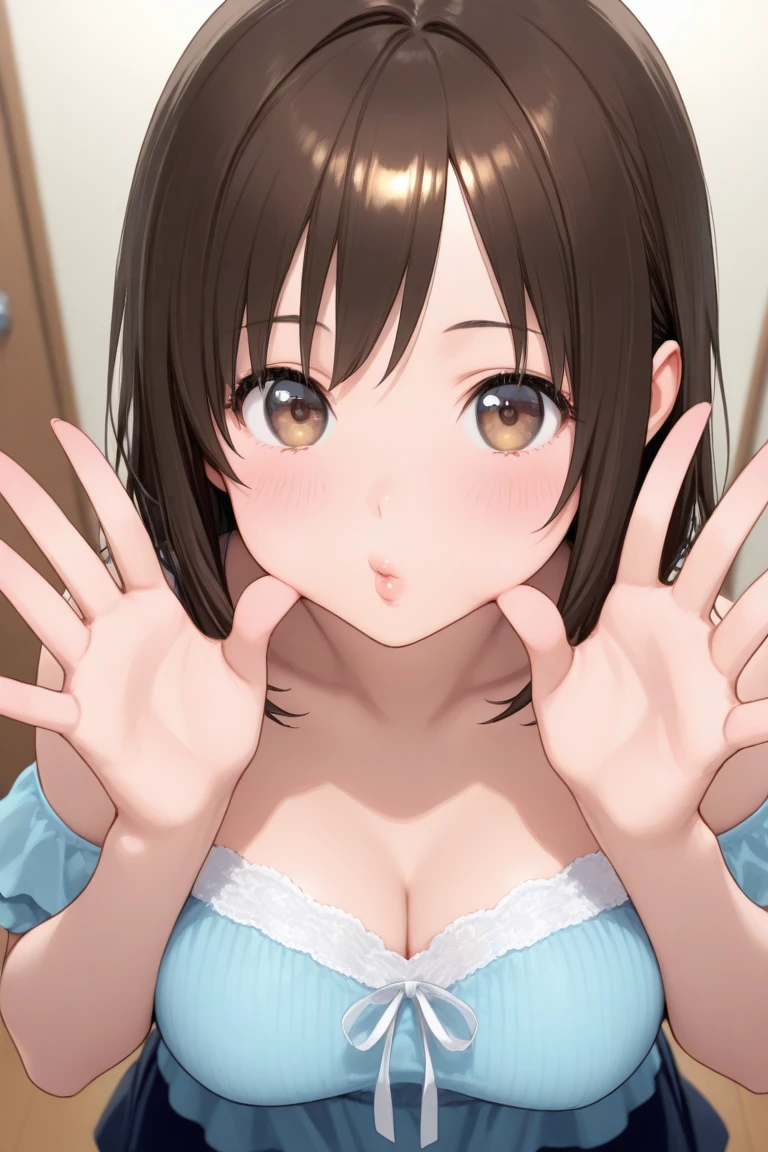((masterpiece, best quality, ultra detailed, extremely detailed)), ultra detailed eyes and face, realistic, dutch angle, nsfw, 1girl, solo, an extremely cute and beautiful young girl, large breasts, (short hair) and (brown hair) and (brown eyes), Brown Eyes, Double eyelids Eyes, blush, open mouth, tears, saliva, revealing clothes, from below, ((excessive cum)), (fellatio:1.3), cum in mouth, restroom