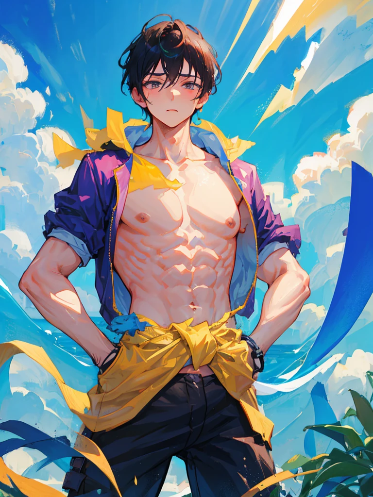 trimmed man in swimsuit with a scarf around his neck, fitas largas, Ir.. universo, Nick Silva, Christian, Ligas, traje com detalhes azuis, vestes azuis e brancas escuras, Echarpe, oficial, From a distance, Foto de 2022, foto oficial do produto, black handkerchief, view, Obi Tira, macho sexy, inca themed smooth