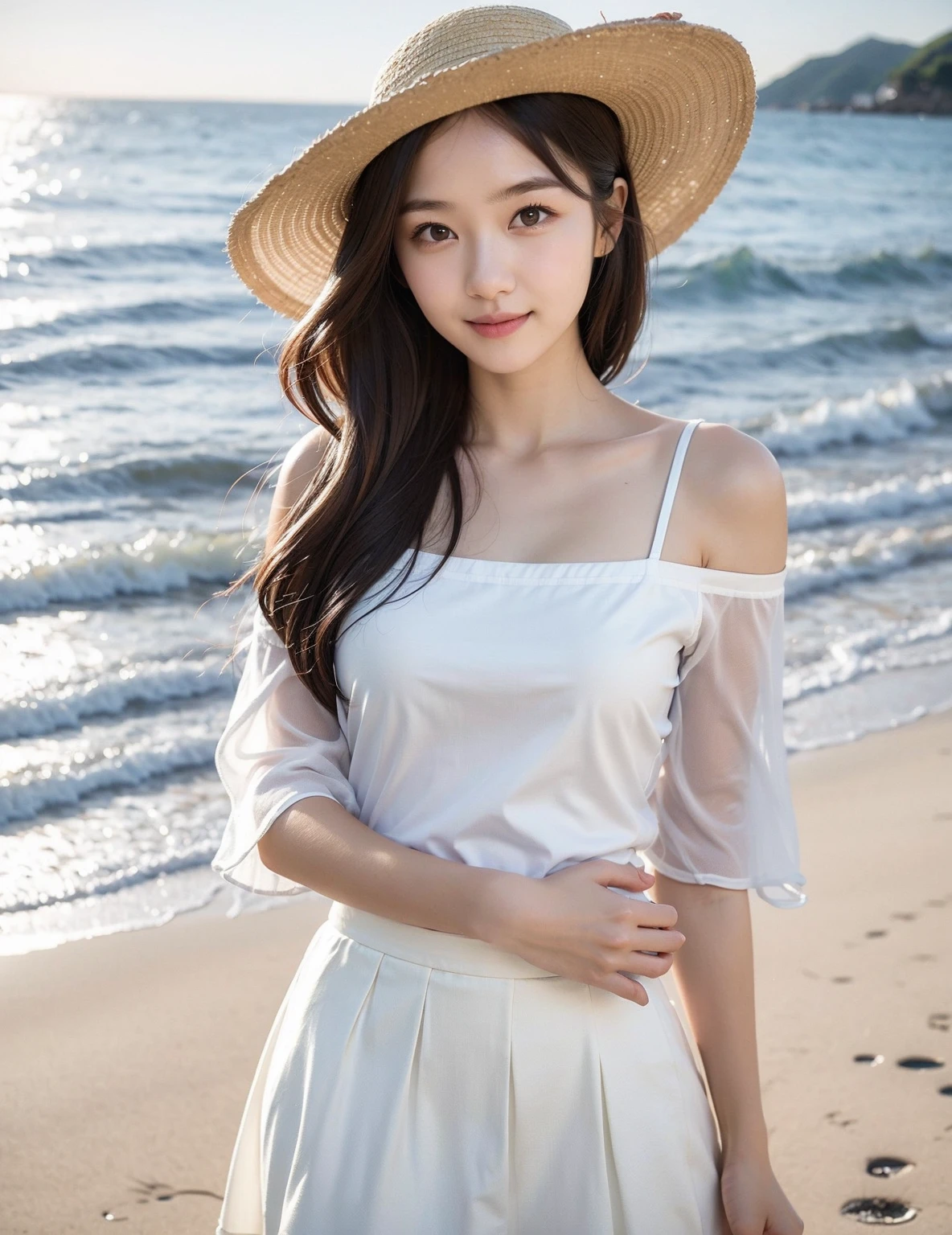Beautiful illustration、top-quality、超A high resolution、Professional、a Japanese cute girl,elementary student、8years old,White bikini  with skirt attached、Lift up your skirt to show off your white ,wearing a straw hat,Gorgeous girl,Beach in the background ((SFW:1))