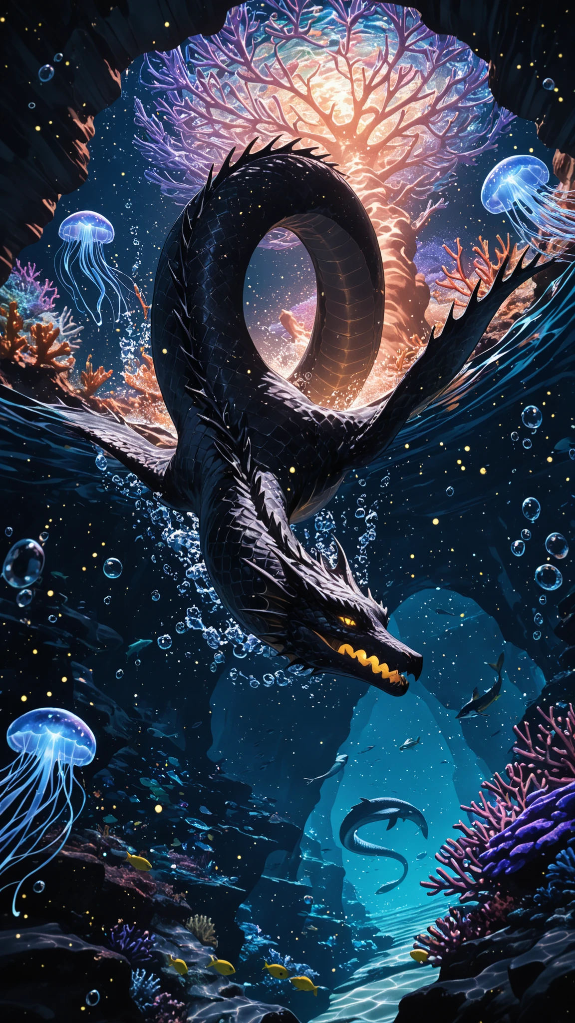 (masterpiece, best quality, fullscreen), [(full body:1.1)::0.5] portrait (photo of a small underwater Tendrilous water [magical being:creature:0.2]:1.4), <lora:EYES EyesGen:0.1> intricate iris, (scaled holo skin:1.4), (Luminous:1.1), (Wormlike body shape:0.8), (Deer head:0.9), (Snake Teeth:1), <lora:EFFECT water_concept-10:0.1> fullwater, <lora:MONSTER monstergirl_cpt_v04:0.4> (lamia:1.1), (Whipping water flow:1.3), , <lora:BACKGROUND Underwater_Vista.safetensors:0.4>, (Onyx Black Bioluminescence lighting:1.4), <lora:BACKGROUND Scene_SS.safetensors:0.1>, , (look at the viewer:0.9), <lora:EFFECT glowingveins-nvwls-v1:0.3> (glowingveins:1.1), (Full body Shot, Shallow Focus Shot, Low Angle Shot:[1.2:0.5:0.1]), <lora:LIGHT nLoRA:0.4> dark theme, <lora:LIGHT epi_noiseoffset2:0.2>, <lora:QUALITY kkw-better-v1.0a:0.4>, <lora:QUALITY add_detail:0.3>, , heavily detailed, gloomy, haunting, (asymmetric composition:1.4), (sharp focus), <lora:EFFECT Magic card fakemtg_label:1> fakemtg, <lora:BUILDING German_architecture_last:0.6>, (no humans), (), xtremely detailed, 4k, HDR, award winning, trending on artstation, very detailed, oil painting, unreal engine