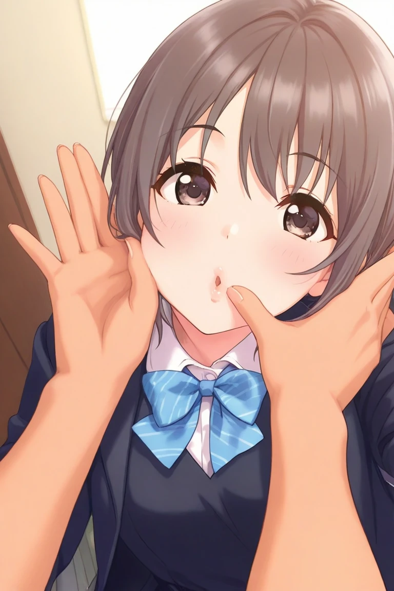 ((masterpiece)), ((best quality)), (ultra-detailed), ((extremely detailed CG)), 4K, (8K), best quality, (beautiful), anime style, realistic, dutch angle, nsfw, a cute girl, 1girl, solo, an extremely cute and beautiful young girl, tareme, Double eyelids Eyes, ((beautiful detailed eyes)), beautiful light brown hair, beautiful brown eyes, short hair, ashamed, blush, open mouth, tears, saliva, school uniform, ((excessive cum)), (1boy, pov, penis, fellatio:1.3), cum in mouth , crowd, Professional Lighting