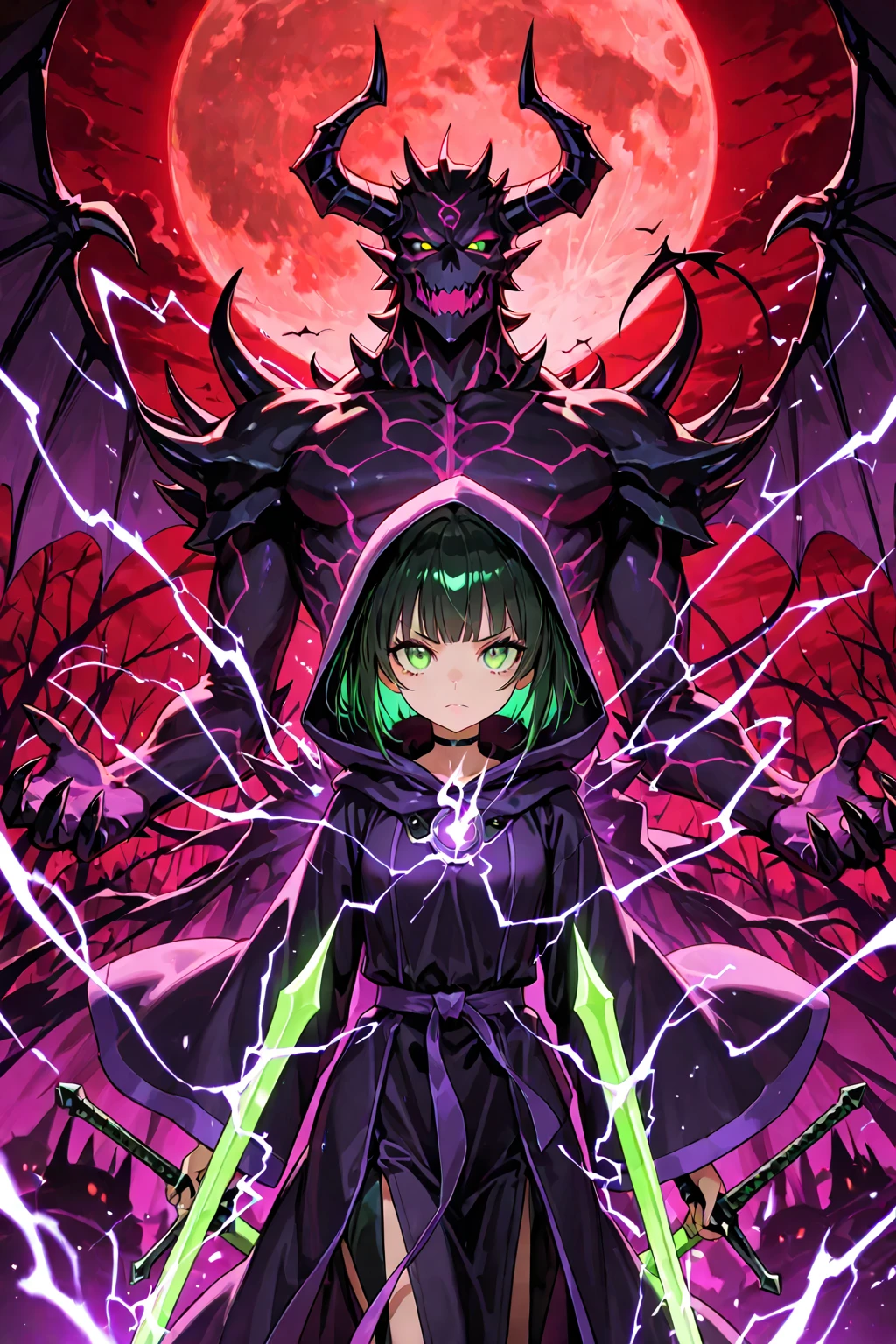 anime screenshot, 1 adult girl, dark sorceress witch, magic battle scene, powerful sorcery technique, anime tv, anime fantasy shonen, dark fantasy, magic ability, pink fire skeletons, cel shading: adult female witch in attack stance, crawling ready to attack, chained in holy shackles, very short charcoal black hair covering her face as if very dark and light, a look of murderous madness and an athletic body, dark torn clothes with a long dirty torn dress, skeleton flames pink summoning