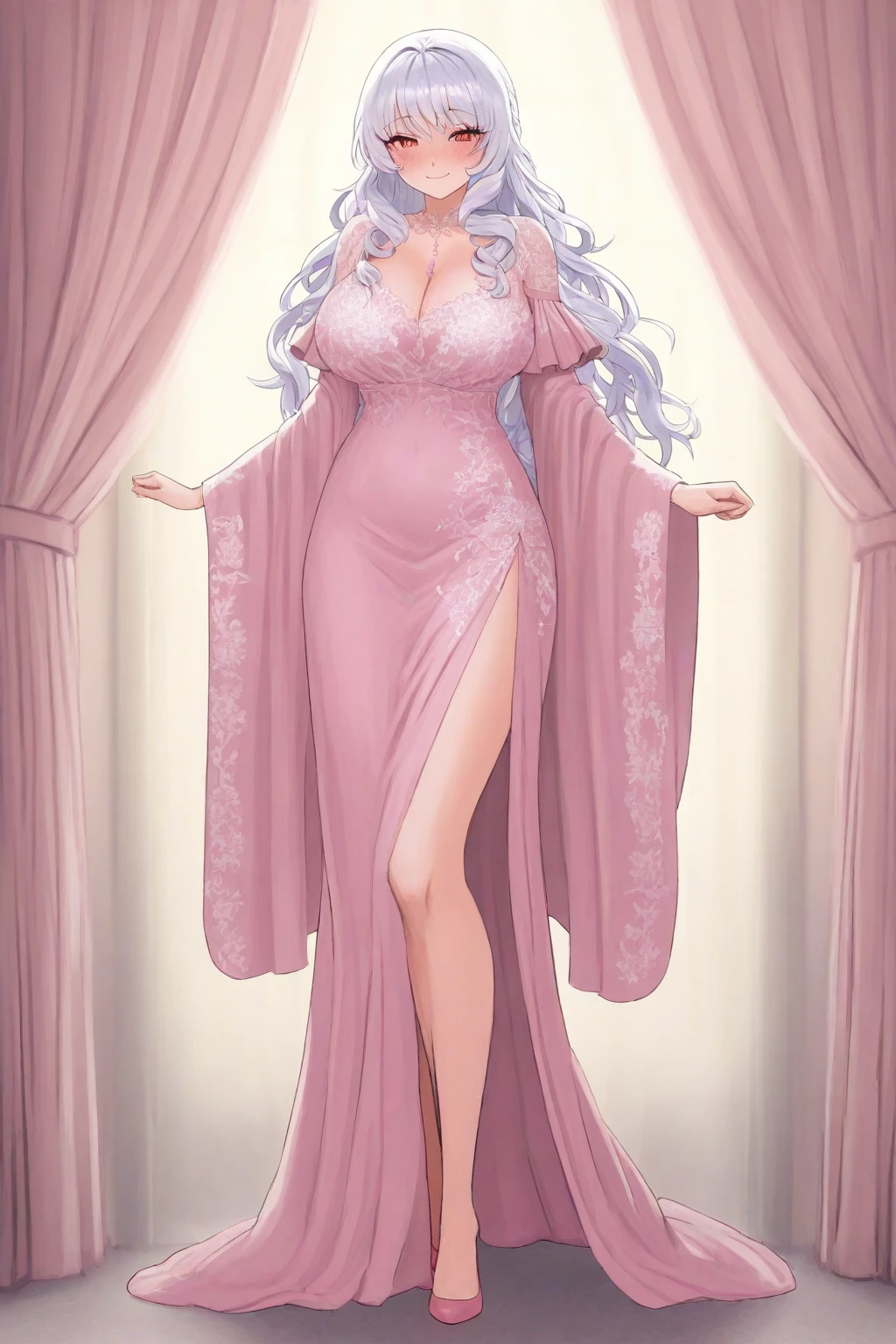 1girl, mature female, dark skinned female, pink hair, long hair, hair intakes, lipstick, purple lips, makeup, yellow eyes, mole under mouth,
huge breasts, narrow waists, wide hips,
wedding dress, bridal veil, bridal gauntlets, high heels,
standing, looking at the viewer, smile, hands on hips,
(simple background, white background:1.1),
<lora:add_detail:0.5> <lora:IngridV3:1>