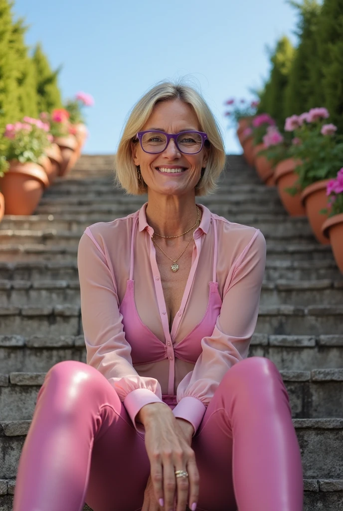 Pink sportswear shirt 75 years old Mom MILF Korean, Lady large earring Big choker navel piercing decoration A bracelet Silver Hair realisitic Gorgeous Madame Beautiful Mature Woman sexy Smile Gentle woman navel piercing 4K High quality library museum Glasses Beautiful feet Gorgeous Madame Beautiful Mature Woman