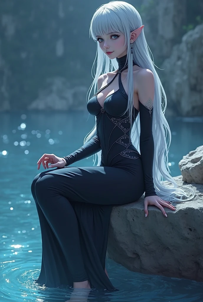 pale_skin,(red eyes:1.3),face lighting,bright backlight,super high resolution,best quality,Photos,4k,(Realistic:1.2),1girl,devil's horn,(white hair:1.1),seductive_smile,dress,<lora:girl_30:0.9>,thigh,