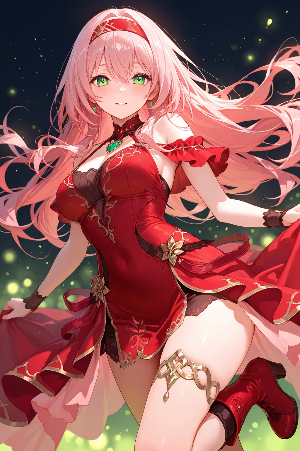 1girl, pink hair, solo, breasts, animal ears, long hair, red skirt, wolf ears, gloves, skirt, pink eyes, black gloves, hair ornament, blue sky, wolf girl, cleavage, thigh strap, black bra, bra, very long hair, bare shoulders, underwear, high-waist skirt, braid, pelvic curtain, medium breasts, extra ears, standing, (nights, stars, starry sky, dark:1.5), thighs, hair between eyes, animal ear fluff <lora:PozmkaV1.0:0.8>,pozmka&typewriter, full body,