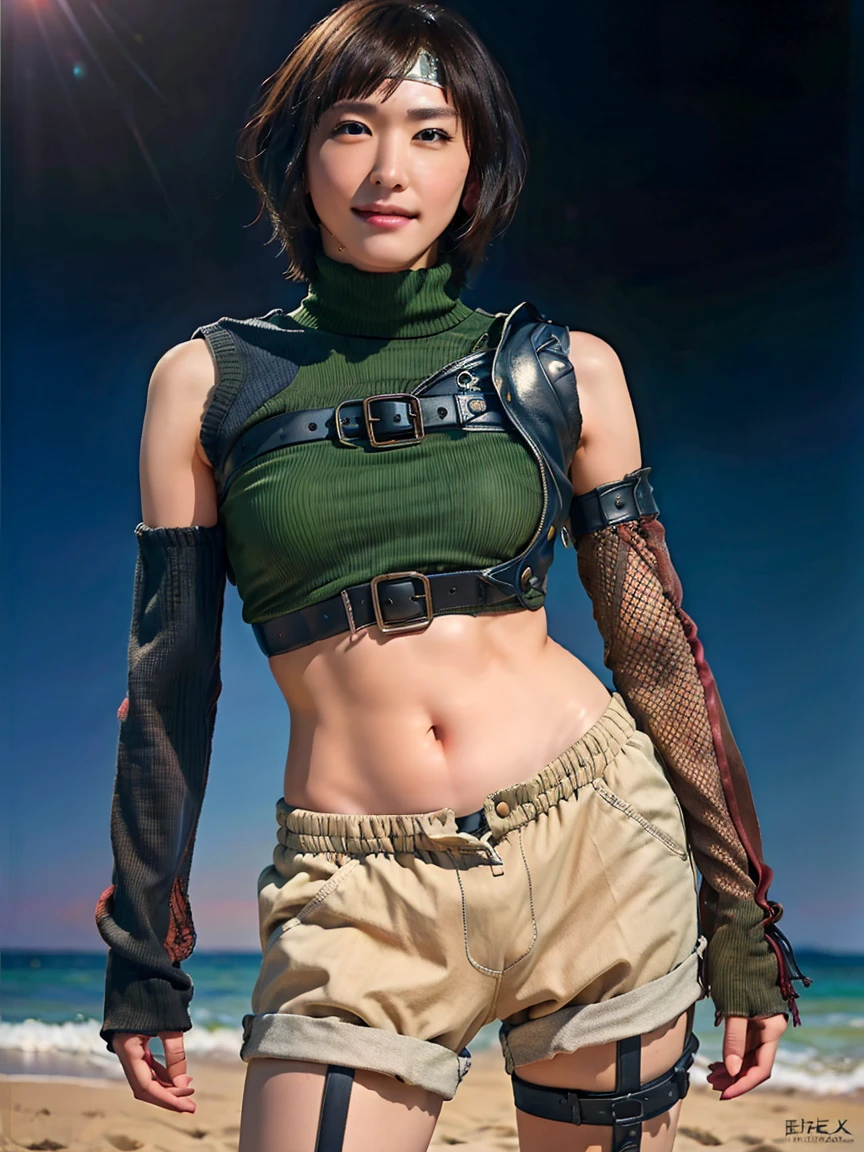 8K,Highest quality,The real picture,Intricate details,Ultra-high resolution,Depth Field,Masseter muscle area,Natural soft light,Professional Lighting,One Girl,(cute:1.2),Very beautiful 17 year old manga girl, Photorealistic anime girl rendering, Realistic Anime 3D Style,Detailed eyes,((Brown eyes)),(Brown Hair),short hair,(Bans),Yuffie,Yuffieキサラギ,head band,belly button, No sleeve, Green turtleneck, No sleeveタートルネック, Mid-breasted, Look at the viewers, smile, gloves, Crop top, Brown Hair, Shorts, abdomen, armor, sweater, Fingerless gloves, リブ編みsweater