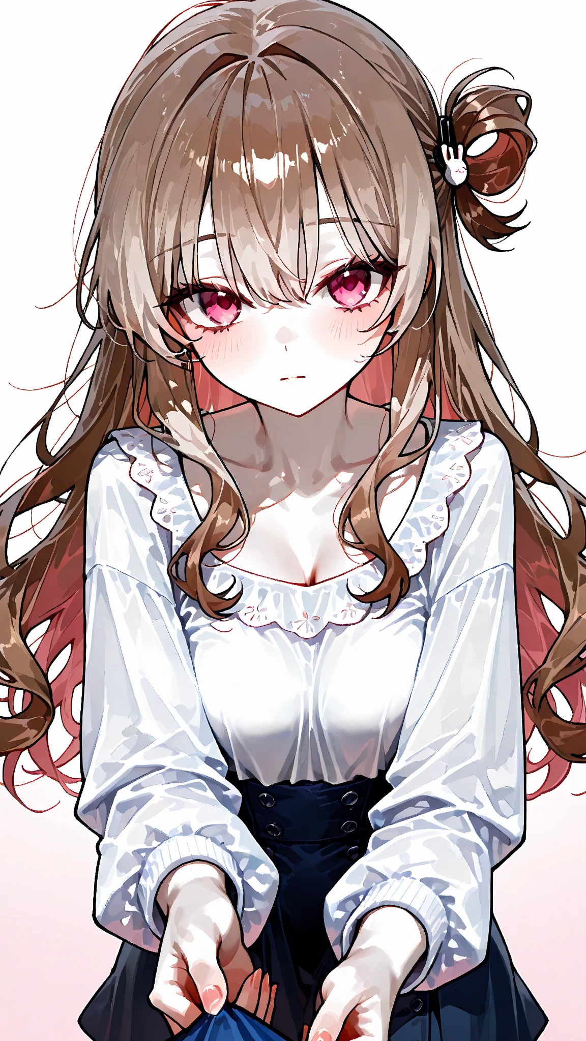 1girl, evil neuro-sama red eyes, light brown hair, ahoge, two side up, hair ribbon, dark red ribbon, heart hair ornament, bottomless, shirt, naked shirt, nude, short sleeves, (masterpiece, best quality), highly detailed, finely detailed, blurry background, simple background, depth of field, backlight, light particles, bokeh, cat ears, open mouth, tongue out, collarbone, bare shoulder, no panties, sweat, steaming body, heavy breathing, hand in own hair, covering crotch, looking at viewer,