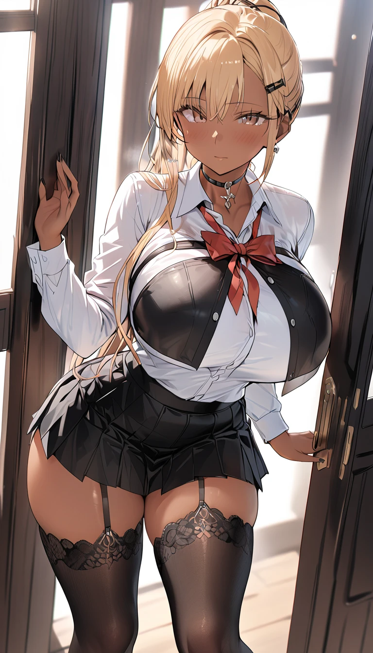 1 Girl，high school girl，((school uniform，Black pleated skirt，pointybreasts，openlegs，panties under pantyhose，Cowboy Shot，Very exquisite white panties，pubic hair，Black Pantyhose，cameltoe，cameltoe))，((From below:1.3))，((Highest quality, wonderful,8K, masterpiece :1.3)), (Realistic, Highly detailed face and eyes，photoRealistic:1.4),(Brown Skin),（very fine and beautiful skin）,blonde,Black gal，,Very detailed,Cinema Lighting, Detailed light, Best Shadow, Dynamic Angle,Elaborate panties,(Super big breasts:1.6), Plump thighs, Skirt flip